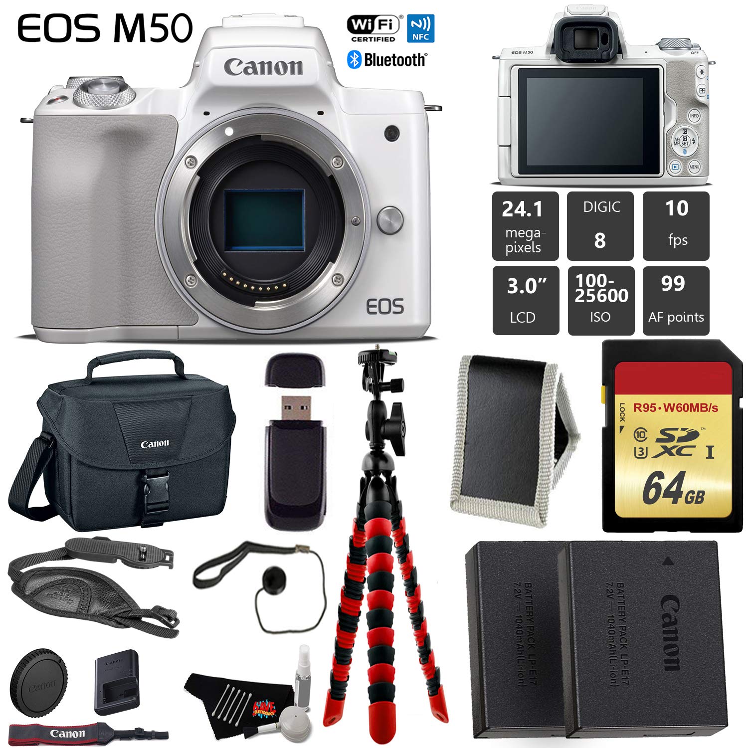 Canon EOS M50 Mirrorless Digital Camera White, Body Only + 64GB Class 10 Memory Card + LED + Canon Camera Case + Flexi