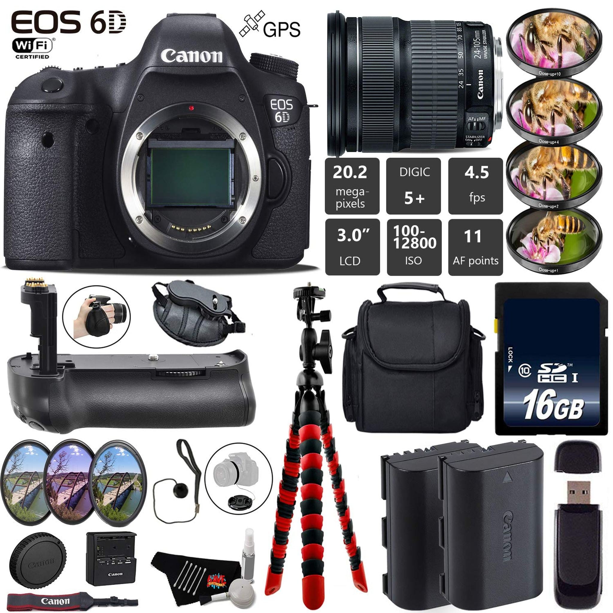 Canon EOS 6D DSLR Camera with 24-105mm is STM Lens + Professional Battery Grip + 4PC Macro Filter Kit + LED Kit + Extra Canon