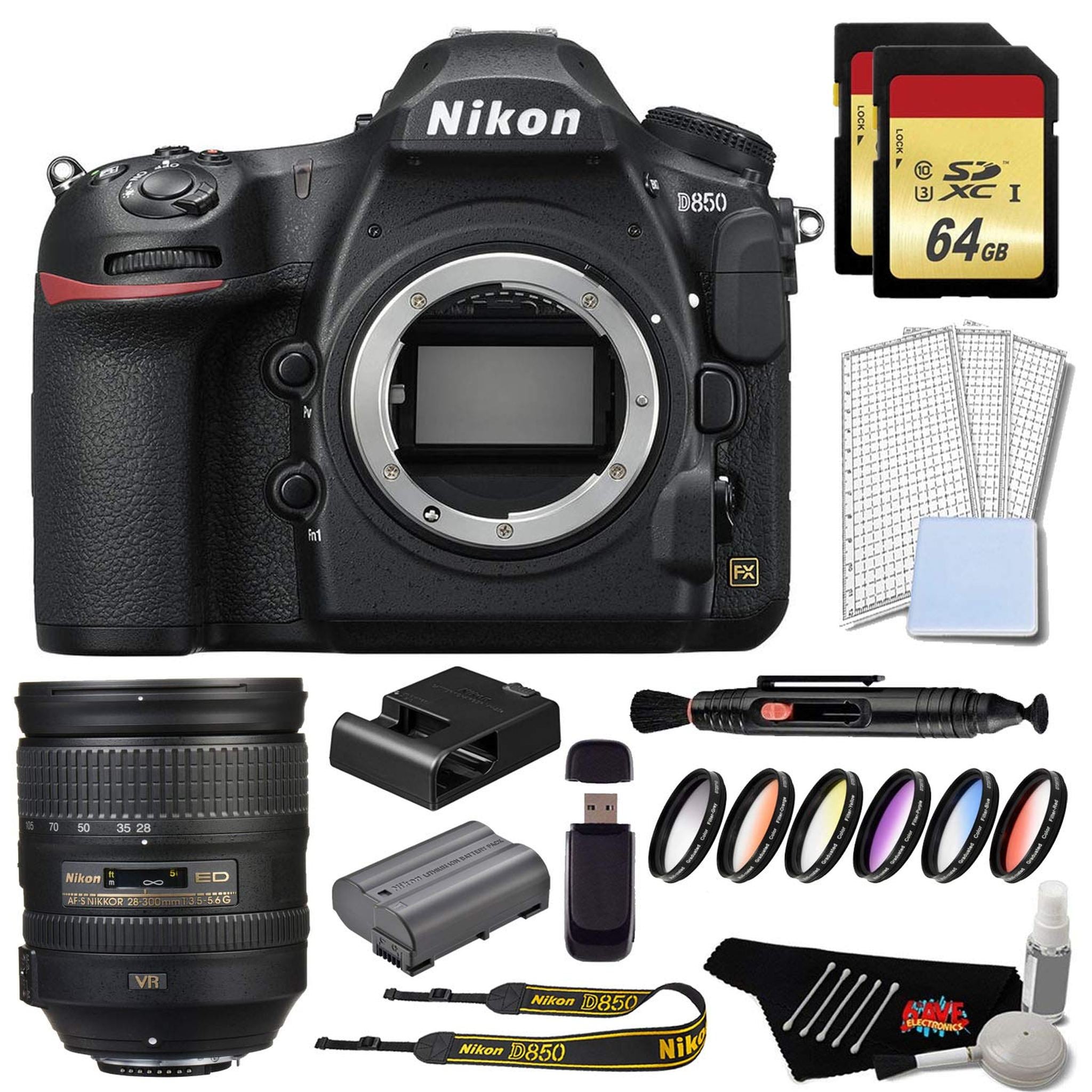 Nikon D850 DSLR Camera Gold Bundle + Nikon AF-S NIKKOR 28-300mm f/3.5-5.6G ED VR Lens Nikon
