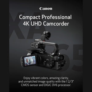 Canon XA65 Pro Camcorder 1/2.3" 4K UHD CMOS Sensor, 20x Optical Zoom, 800x Digital Zoom, Image Stabilization, 3G-SDI, HDMI, USB Live Streaming, Time Stamp On-Screen Display Recording, XLR Audio Inputs