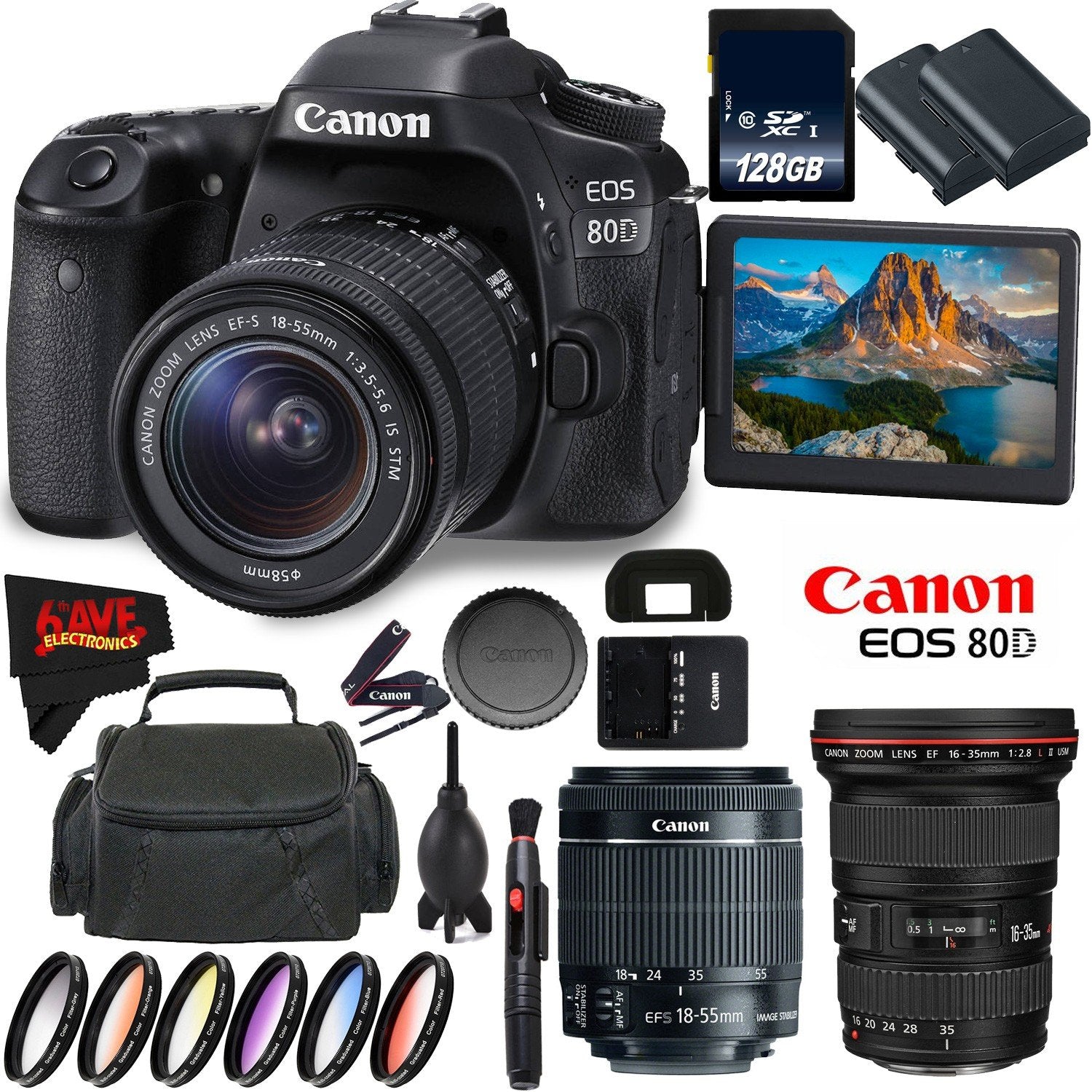Canon EOS 80D DSLR Camera + 18-55mm Lens + Canon EF 16-35mm f/2.8L II USM Lens + 128GB Memory Card International Version