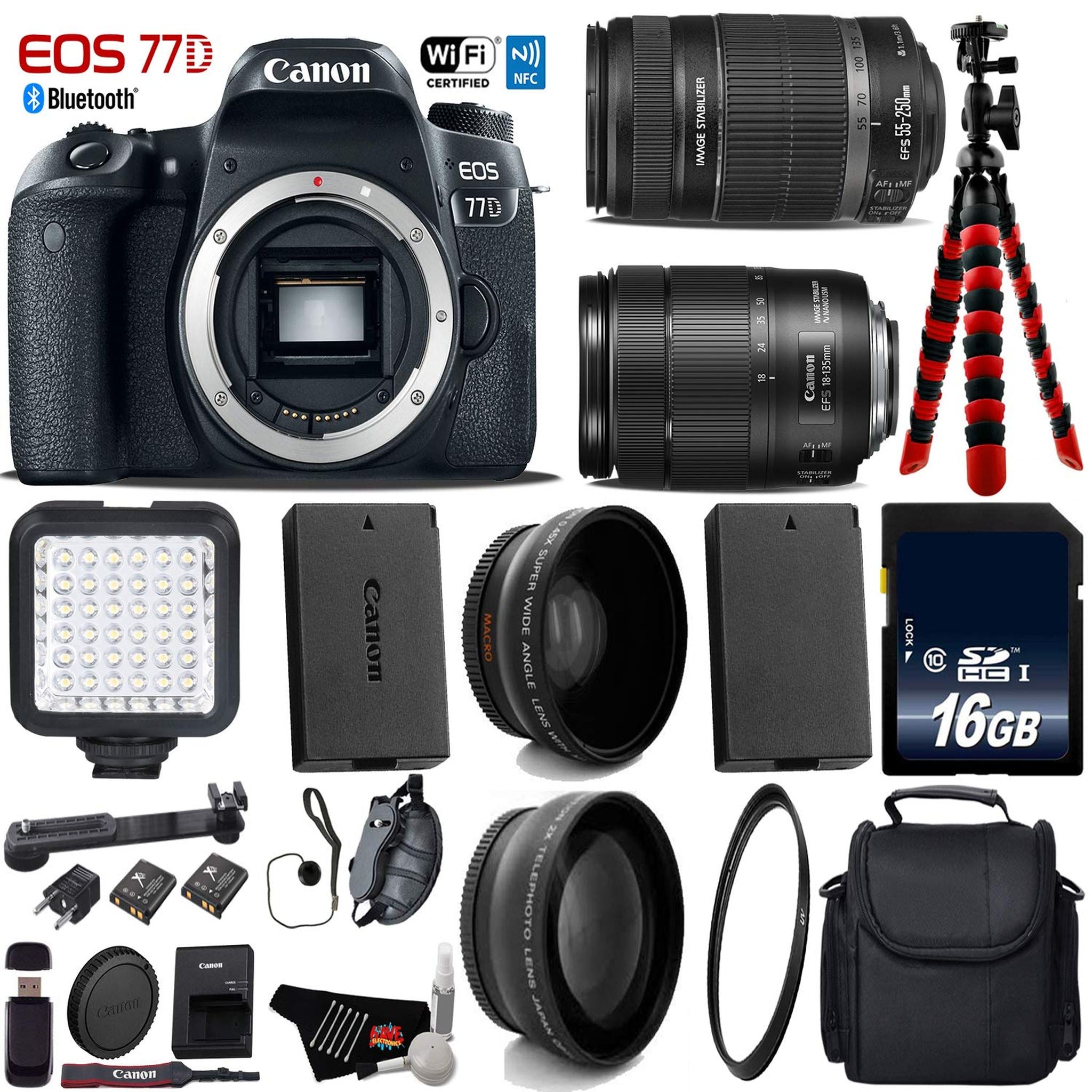 Canon EOS 77D DSLR Camera with 18-135mm is STM Lens & 55-250mm is II Lens + LED + UV FLD CPL Filter Kit + Wide Angle & T Canon