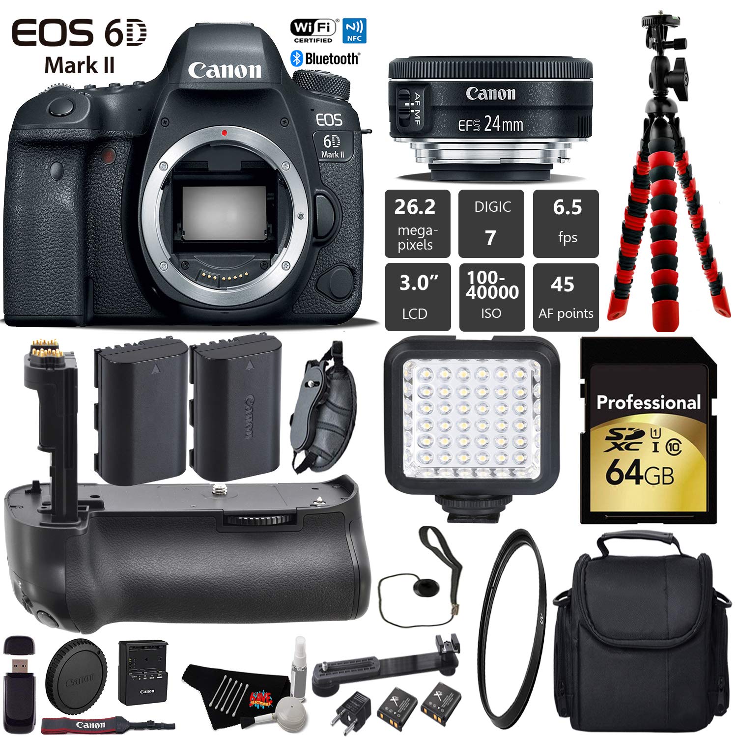 Canon EOS 6D Mark II DSLR Camera With 24mm 2.8 STM Lens + Professional Battery Grip + UV Protection Filter + LED Kit Pro Bundle