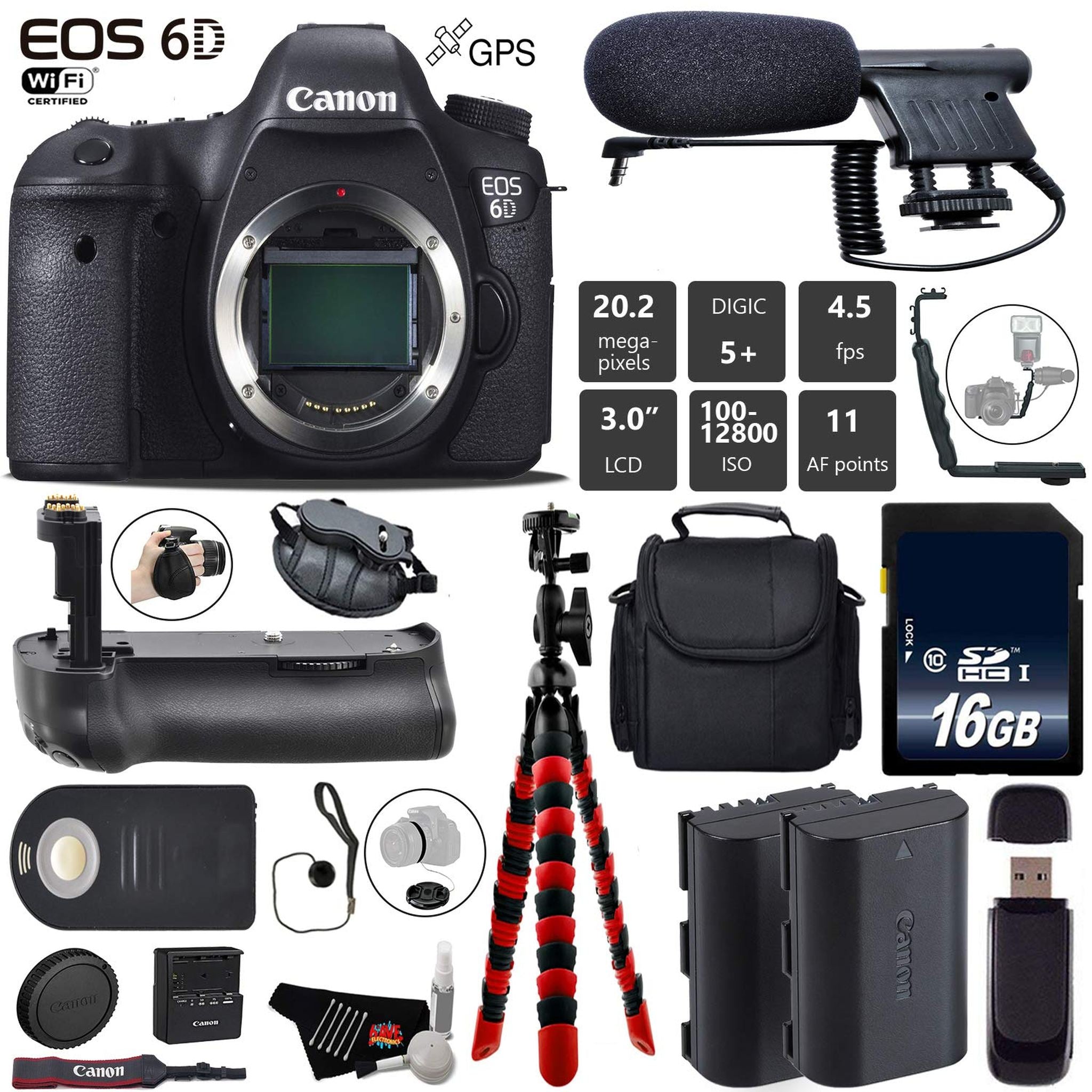Canon EOS 6D DSLR Camera Body Only + Professional Battery Grip + Condenser Microphone + Extra Battery + Case + Wrist S Canon