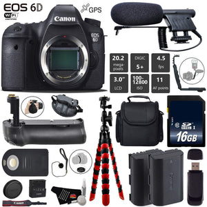 Canon EOS 6D DSLR Camera Body Only + Professional Battery Grip + Condenser Microphone + Extra Battery + Case + Wrist S Canon