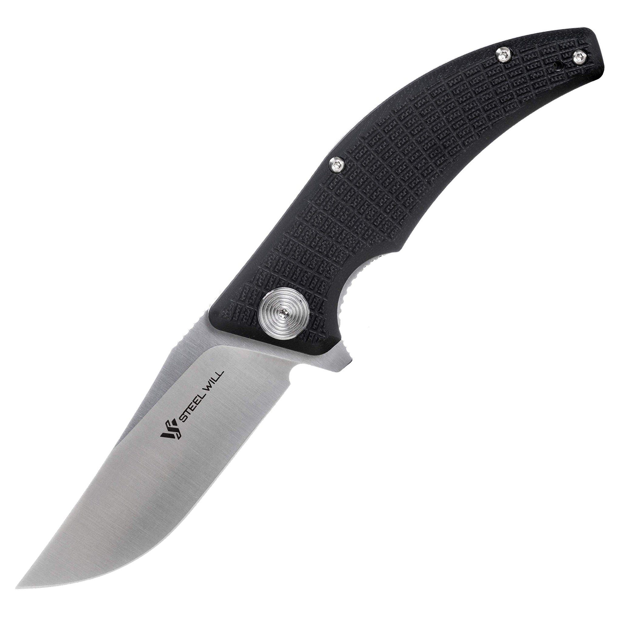 Sargas F60-10: 3.25" D2 Clip Point Satin Folding Blade, Liner Lock, Black G10 Handle, Blue Standoffs, Ball Bearings Steel Will
