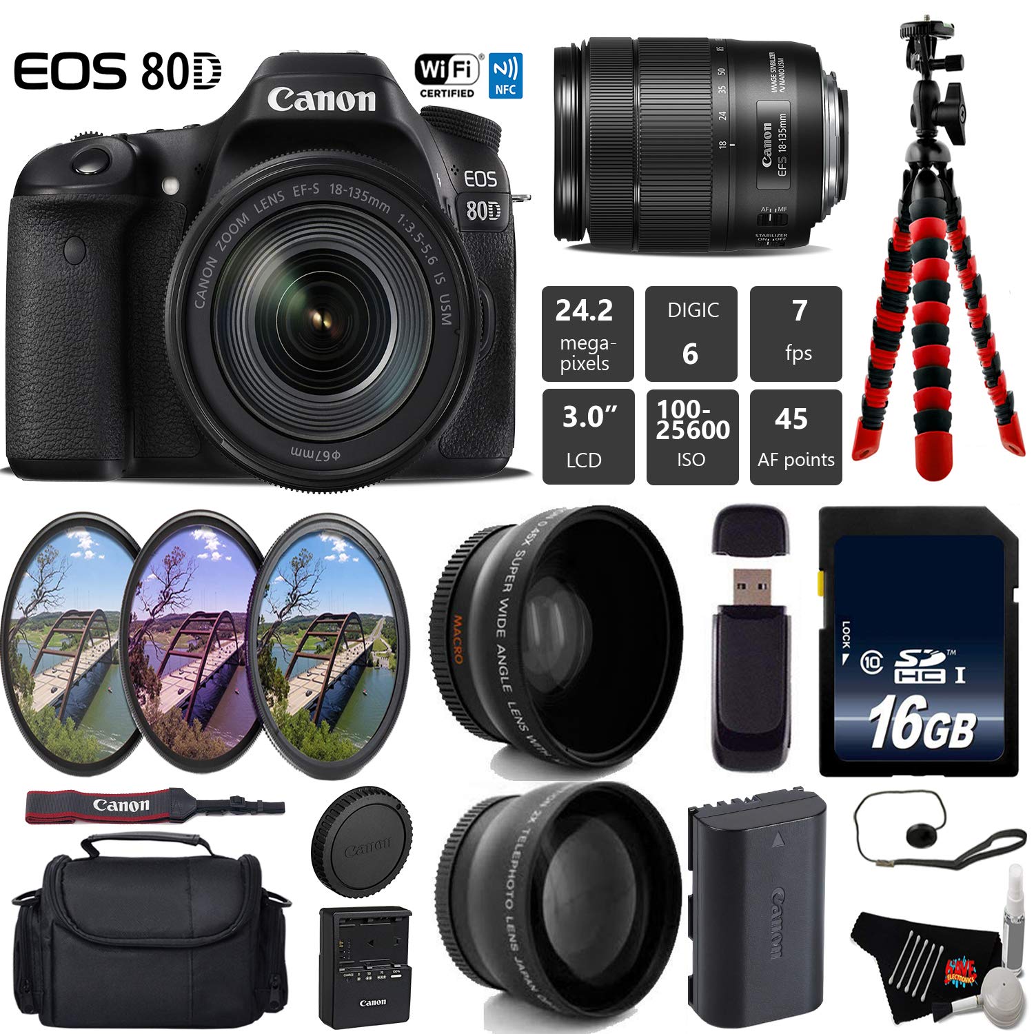 Canon EOS 80D DSLR Camera with 18-135mm is STM Lens + UV FLD CPL Filter Kit + Wide Angle & Telephoto Lens + Camera Case Base Bundle