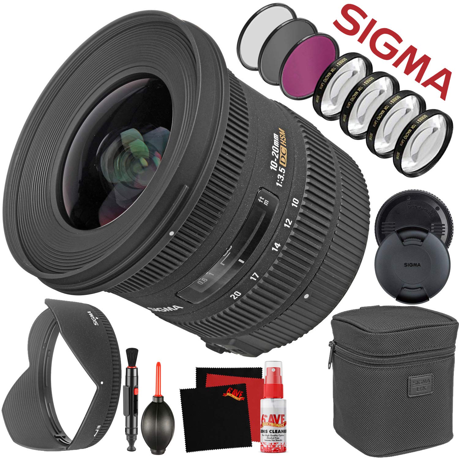 Sigma 10-20mm f/3.5 EX DC HSM Lens for Nikon F  (202306)  With FLD Filter, CPL Filter, UV Filter - Close Up Filter Kit and Cleaning Accessories Bundle