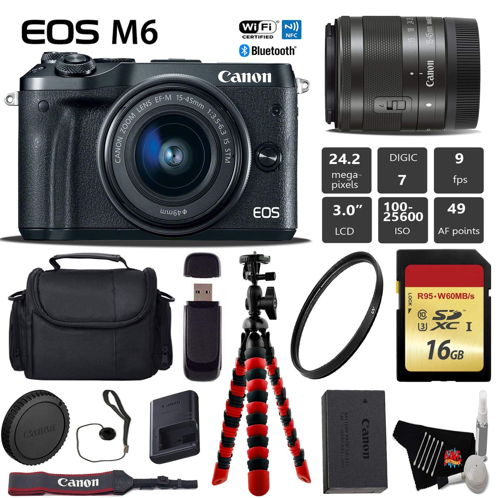 Canon EOS M6 Mirrorless Digital Camera with EF-M 15-45mm is STM Lens + Flexible Tripod + UV Protection Filter + Professi Canon