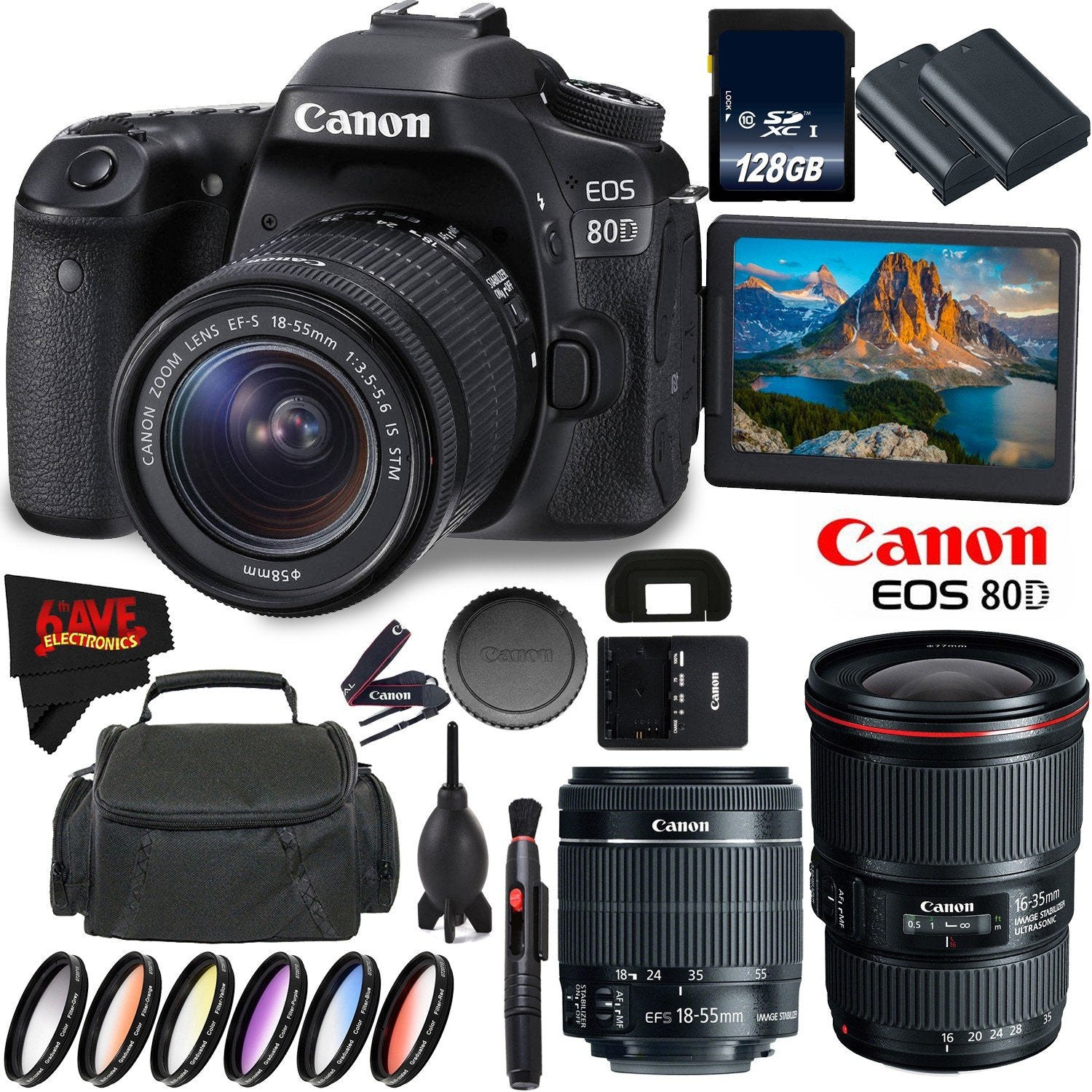 Canon EOS 80D DSLR Camera + 18-55mm Lens + Canon EF 16-35mm f/4L is USM Lens + 128GB Memory Card International Version