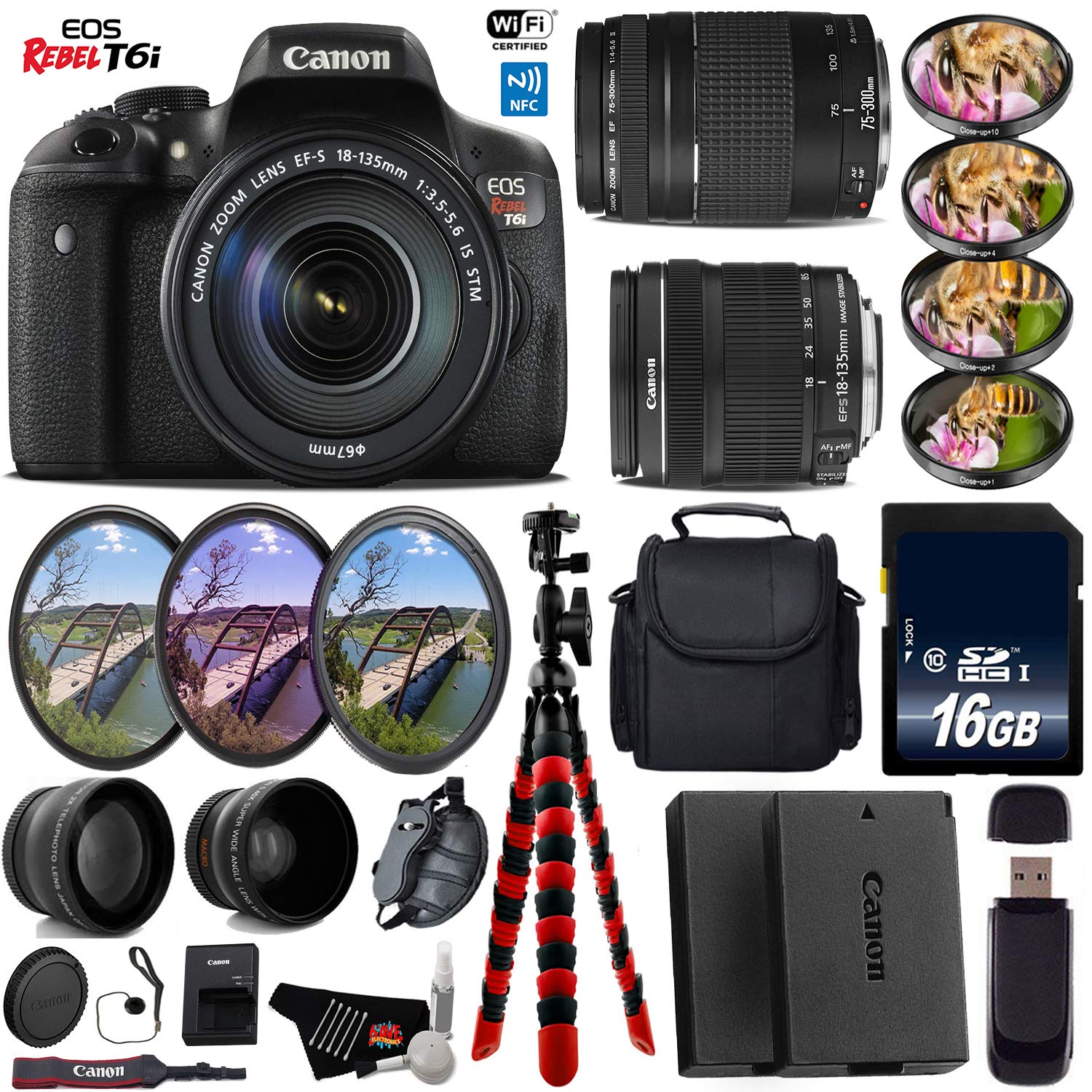 Canon EOS Rebel T6i DSLR Camera & 18-135mm is STM Lens & 75-300mm III Lens + UV FLD CPL Filter Kit + 4 PC Macro Kit + Wi