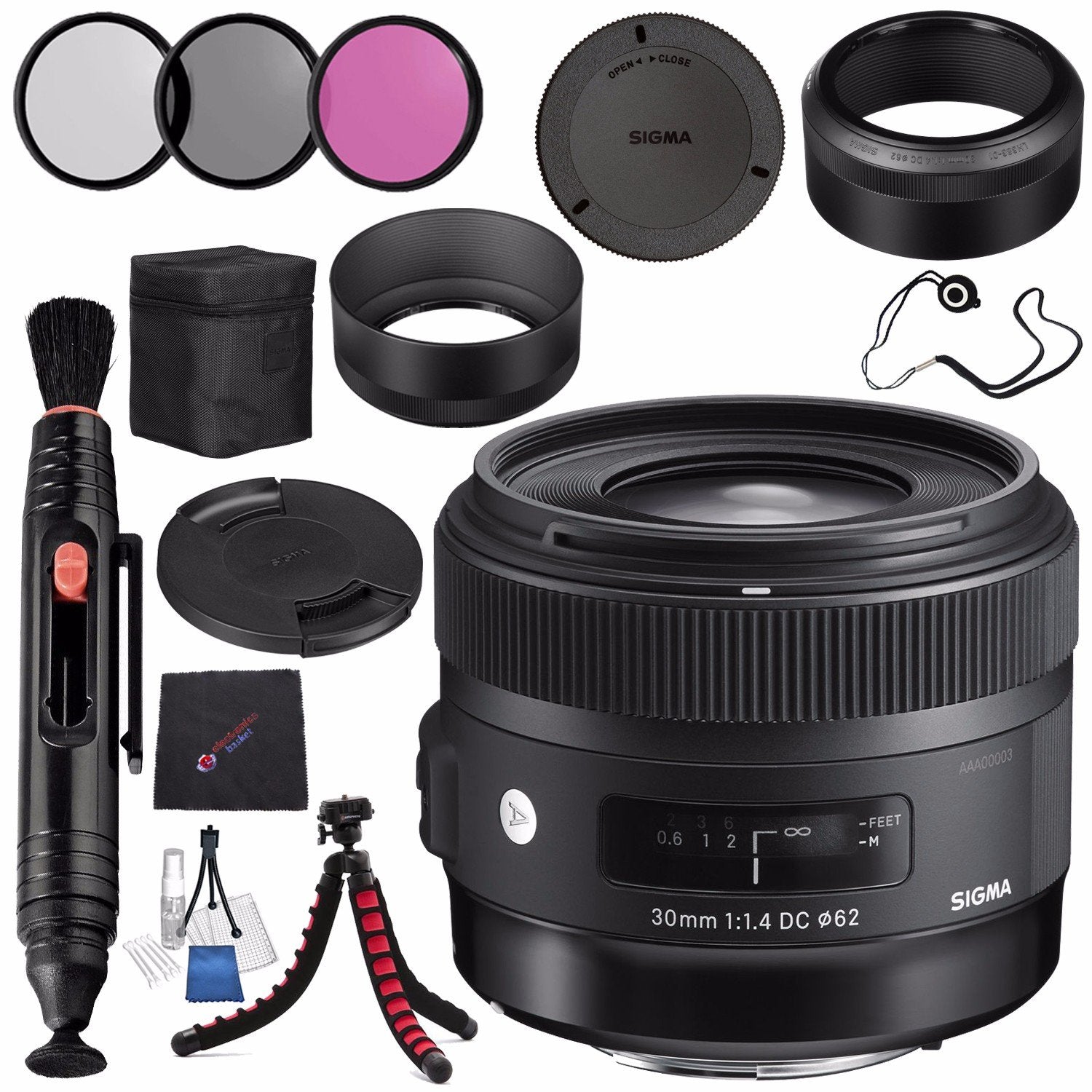 Sigma 30mm f/1.4 DC HSM Art Lens for Nikon #301306 + 62mm 3 Piece Filter Kit + Lens Pen Cleaner + Microfiber Cleaning Cloth + Lens Capkeeper Bundle