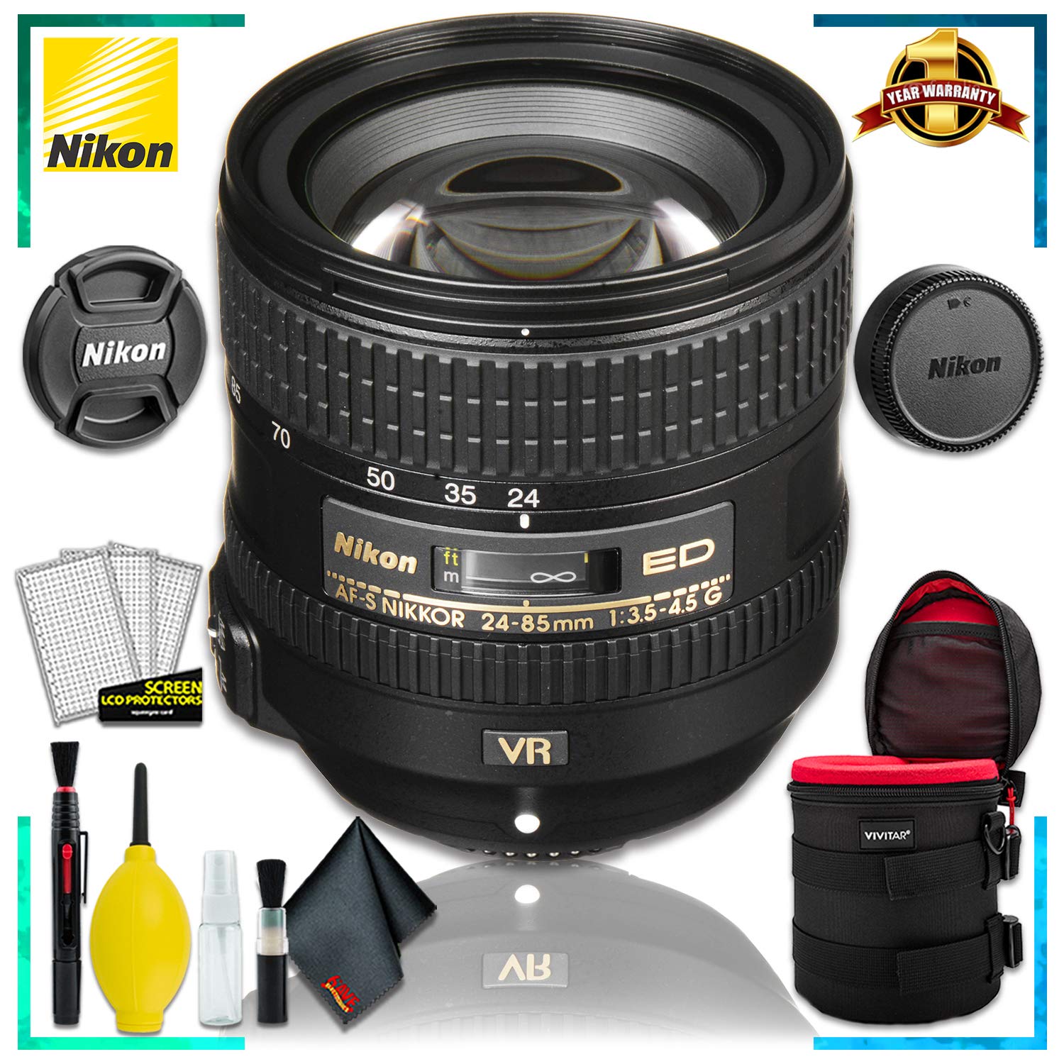 Nikon AF-S NIKKOR 24-85mm f/3.5-4.5G ED VR Lens + 4.5 inch Vivitar Premium Lens Case + Cleaning Kit
