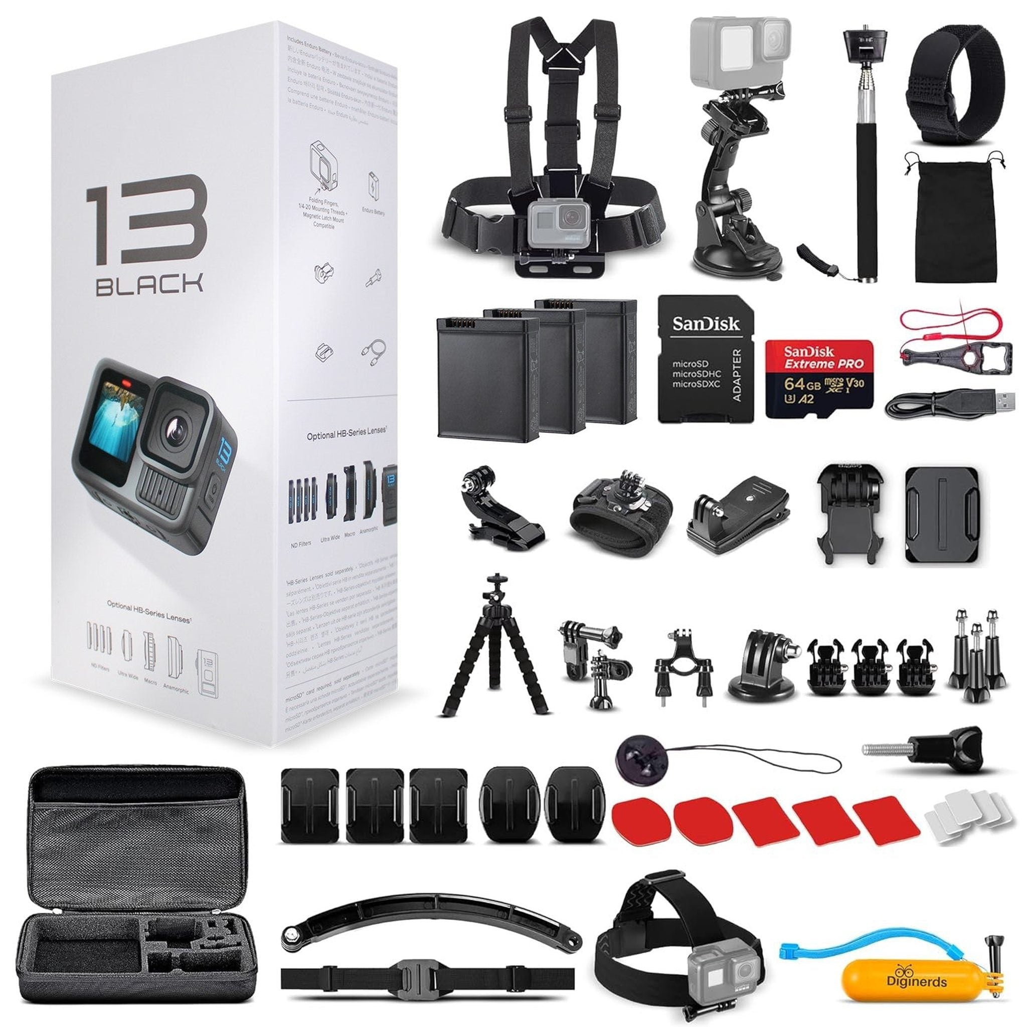 GoPro HERO13 - Action Camera + 64GB Card, 50 Piece Accessory Kit and 2 Batteries GoPro