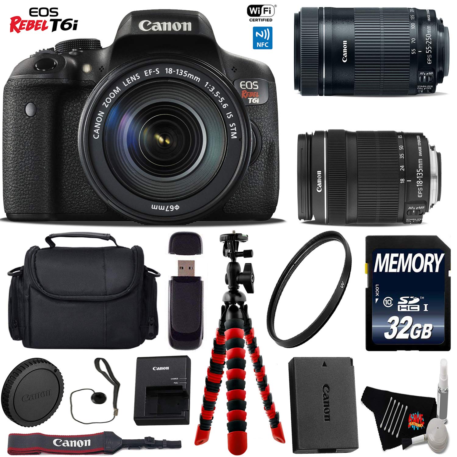 Canon EOS Rebel T6i DSLR Camera with 18-135mm is STM Lens & 55-250mm is STM Lens + Flexible Tripod + UV Protection Filte