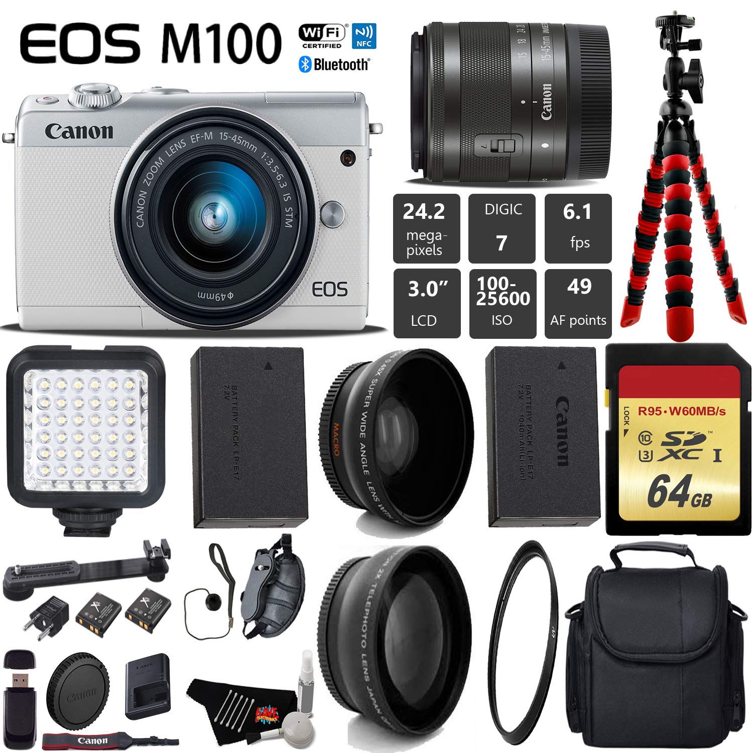 Canon EOS M100 Mirrorless Digital Camera White with 15-45mm Lens Filter Kit Bundle