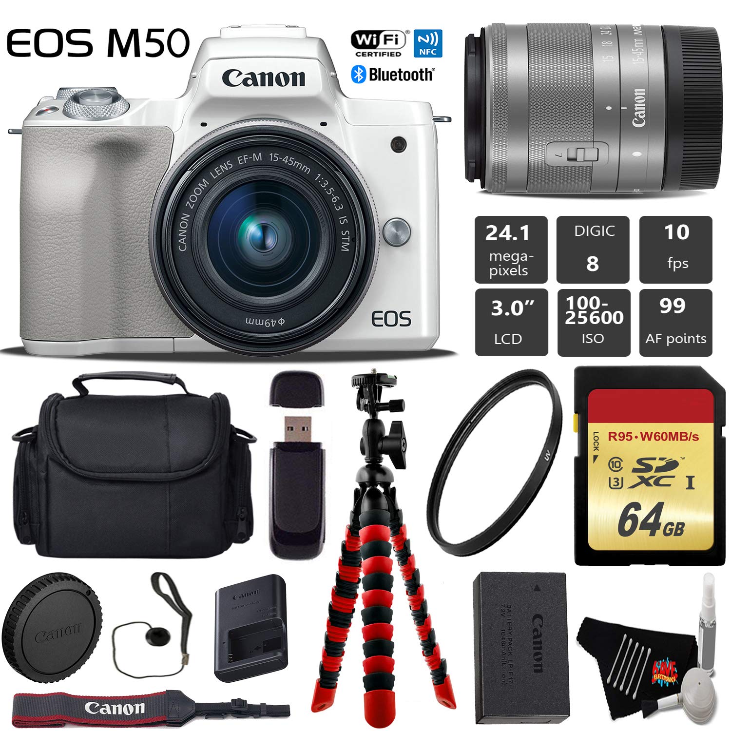 Canon EOS M50 Mirrorless Digital Camera White with 15-45mm Lens + Flexible Tripod + UV Protection Filter + Professiona