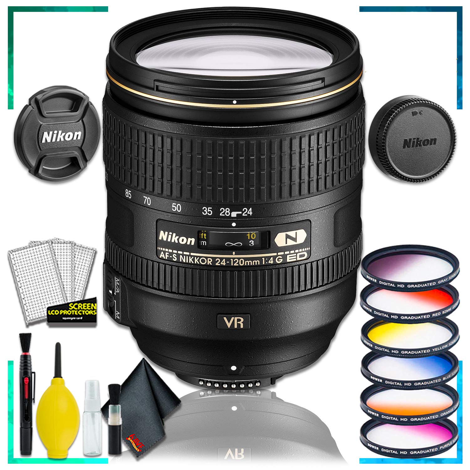 Nikon AF-S NIKKOR 24-120mm f.4G ED VR Lens (Intl Model) + Vivitar Graduated Color Lens Filter Kit + Cleaning Kit