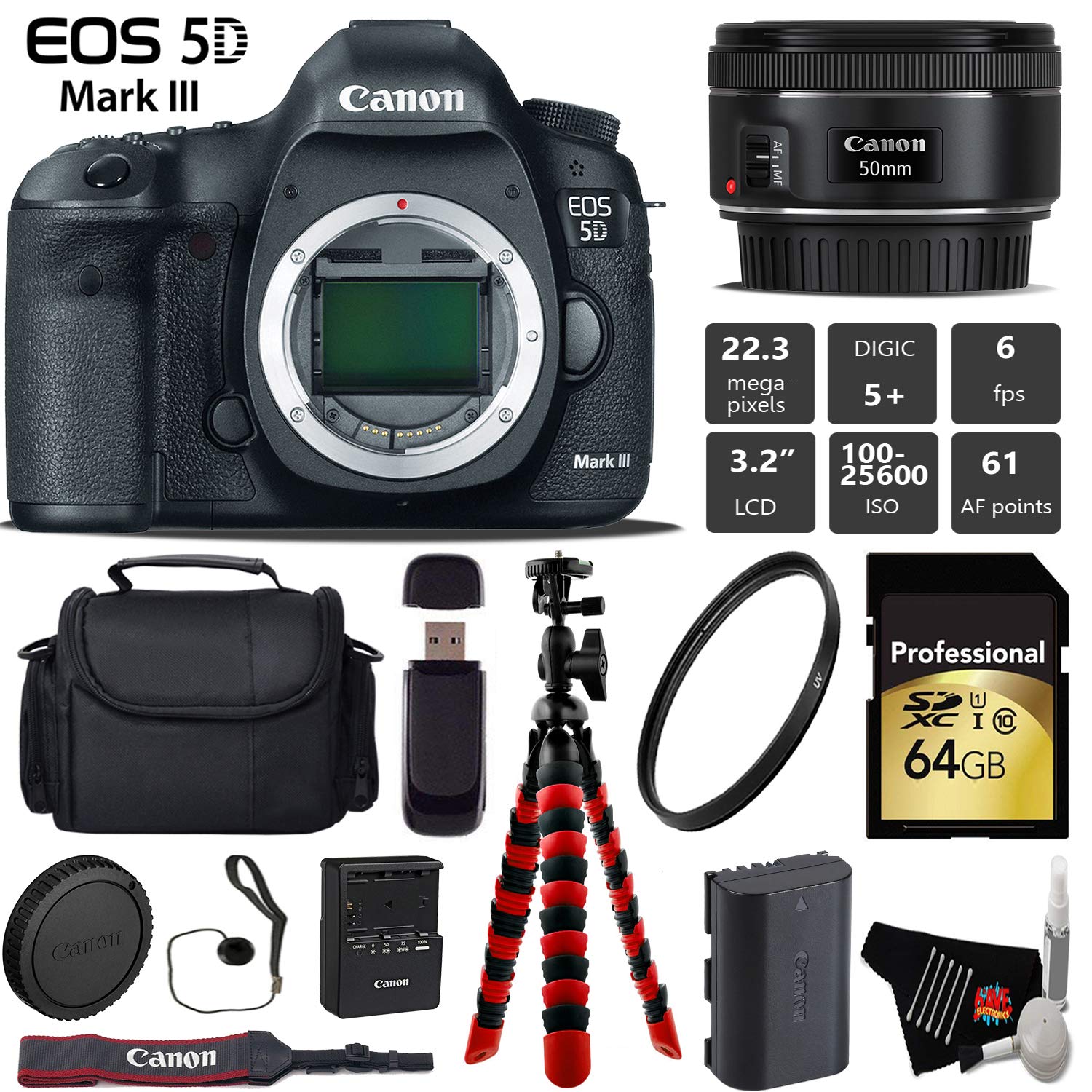 Canon EOS 5D Mark III DSLR Camera with 50mm f/1.8 STM Lens + Wireless Remote + UV Protection Filter + Case + Wrist Strap Pro Bundle
