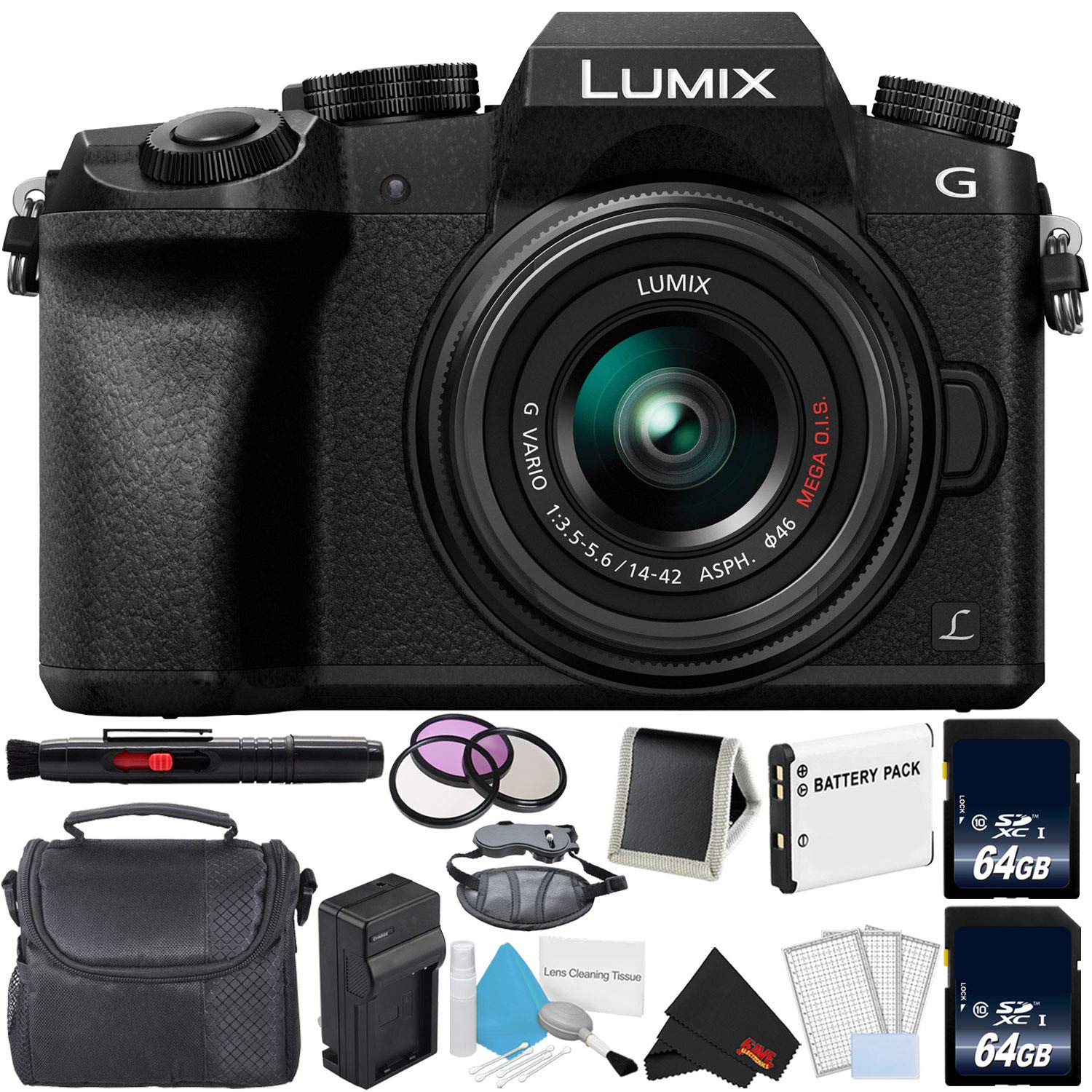 Panasonic Lumix DMC-G7 Mirrorless Digital Camera with 14-42mm Lens - Bundle with 2X 64GB Memory Cards, Professional Filt