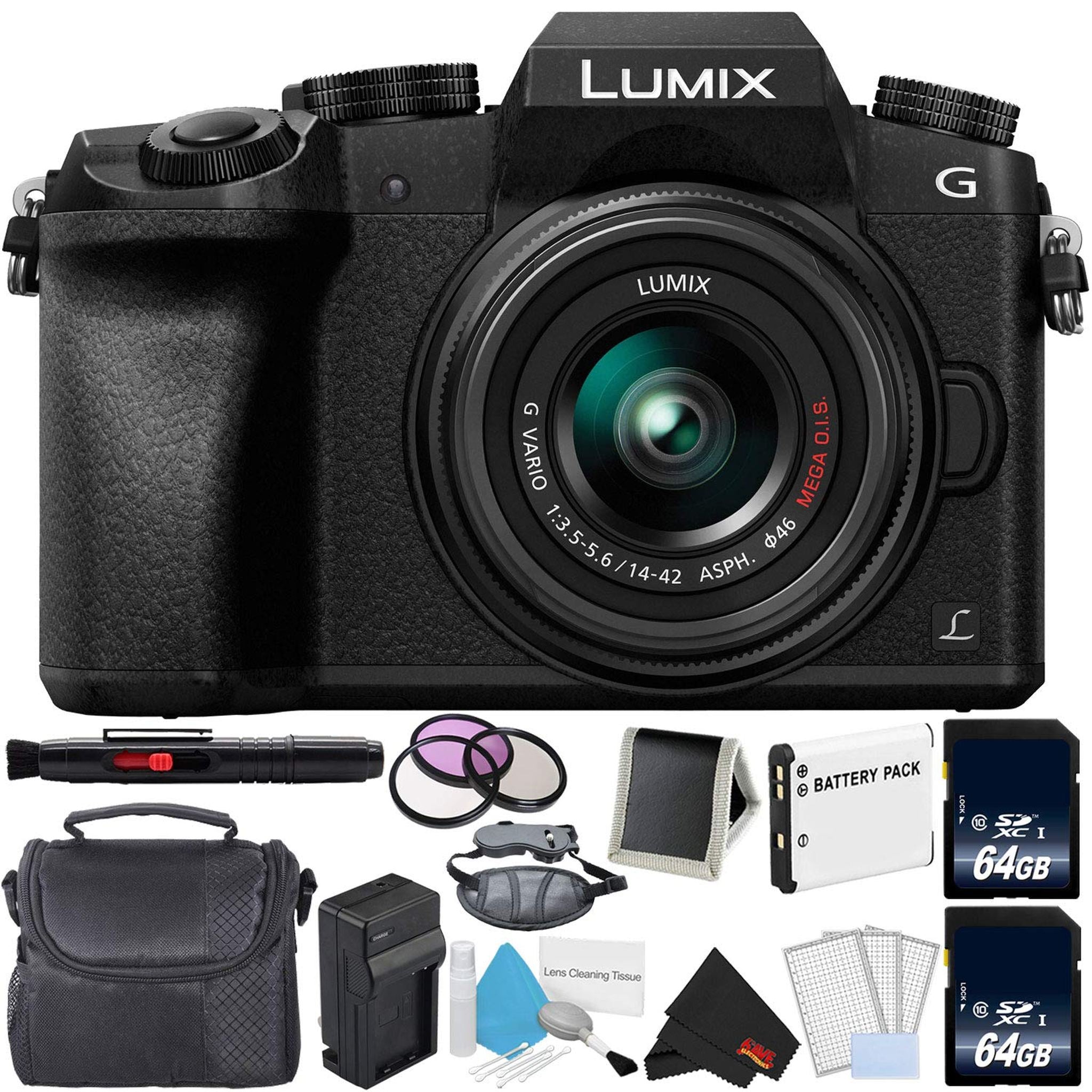 Panasonic Lumix DMC-G7 Mirrorless Digital Camera with 14-42mm Lens - Bundle with 2X 64GB Memory Cards, Professional Filt Panasonic