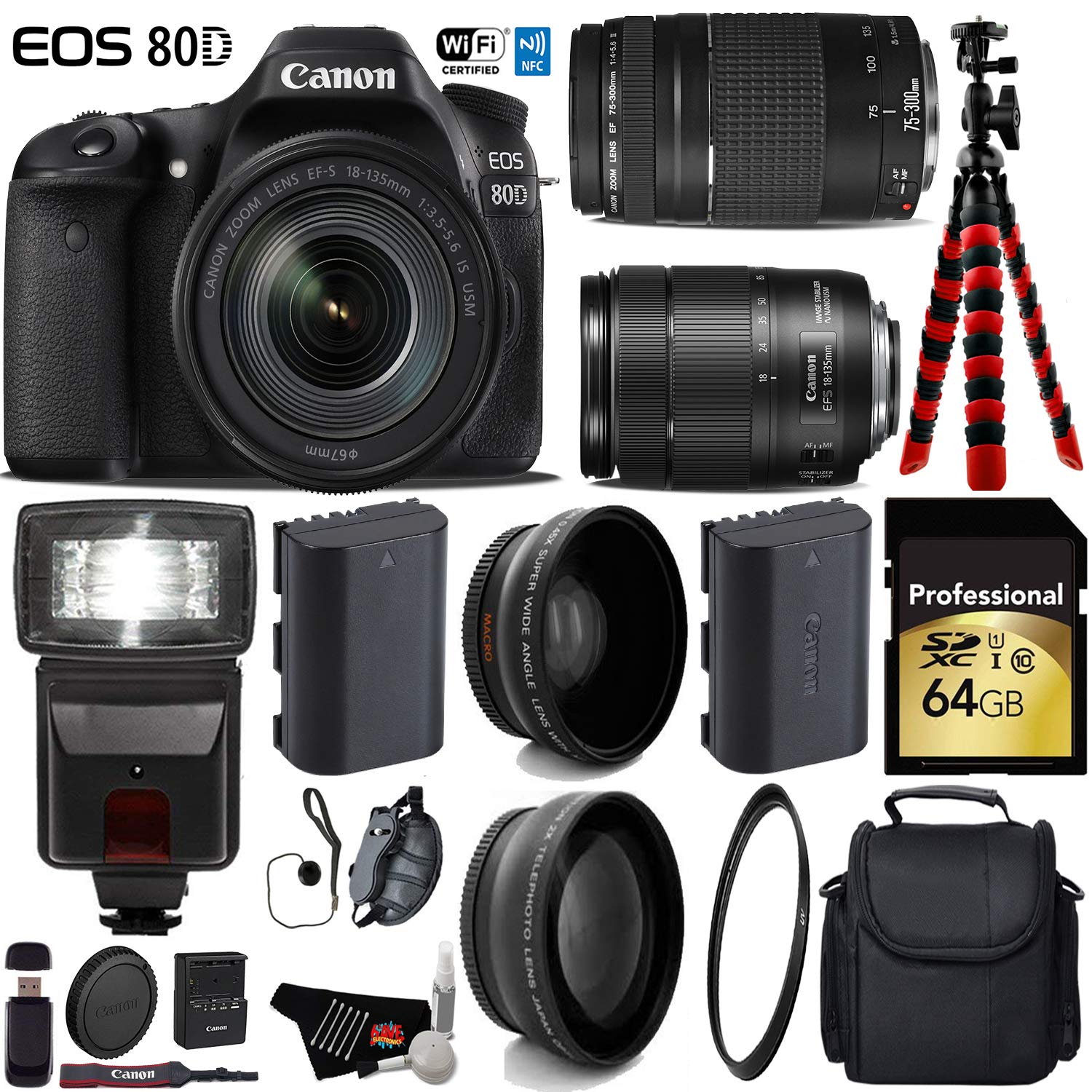 Canon EOS 80D DSLR Camera with 18-135mm is STM Lens & 75-300mm III Lens + Flash + UV FLD CPL Filter Kit Deluxe Bundle