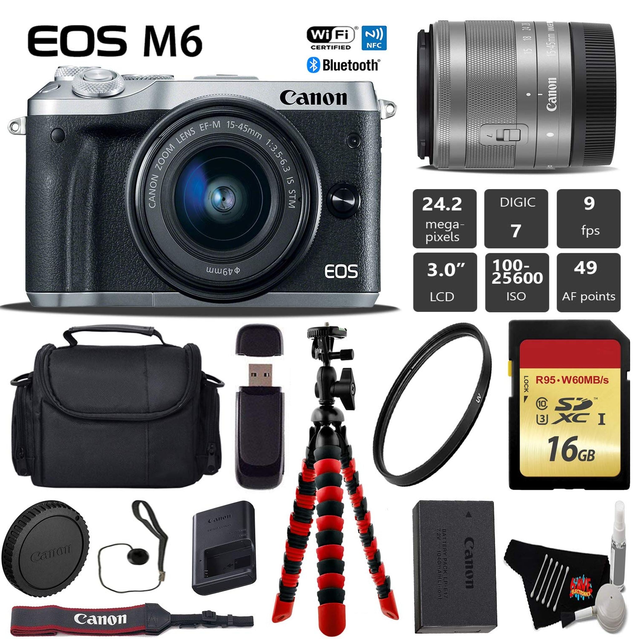 Canon EOS M6 Mirrorless Digital Camera Silver with EF-M 15-45mm is STM Lens + Flexible Tripod + UV Protection Filter + Canon