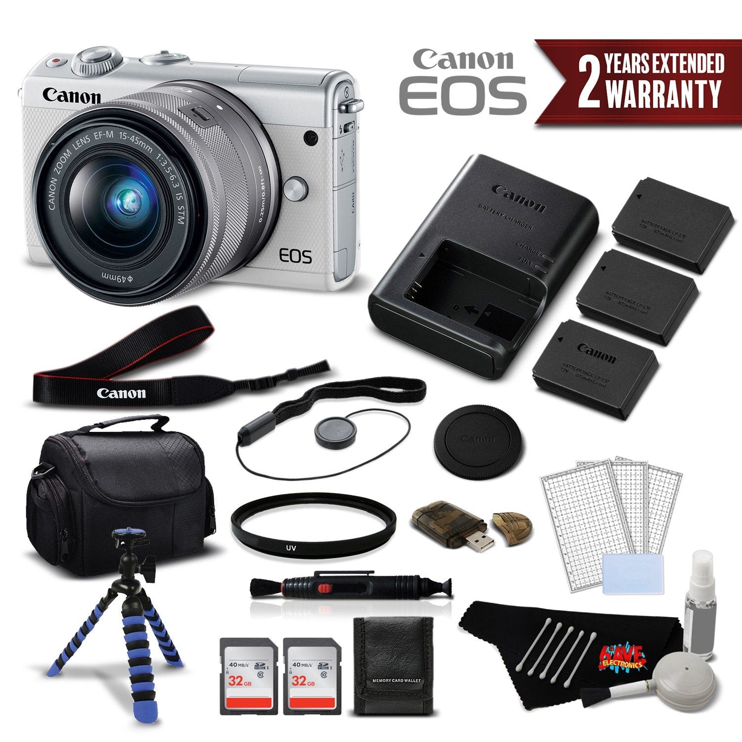 Canon EOS M100 Mirrorless Digital Camera with 15-45mm Lens White 2210C011 International Version - Deluxe Bundle
