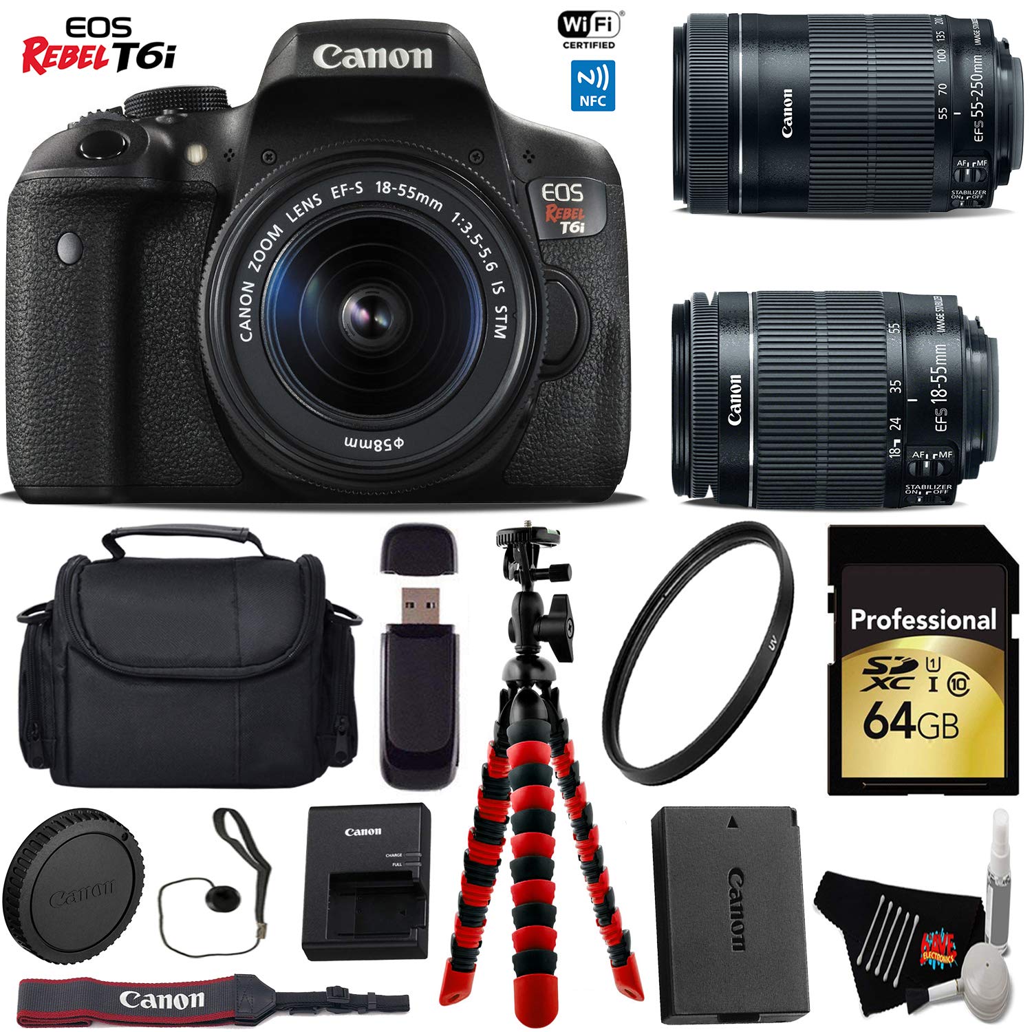 Canon EOS Rebel T6i DSLR Camera 18-55mm is STM Lens & 55-250mm is STM Lens + Flexible Tripod + UV Protection Filter + Pr