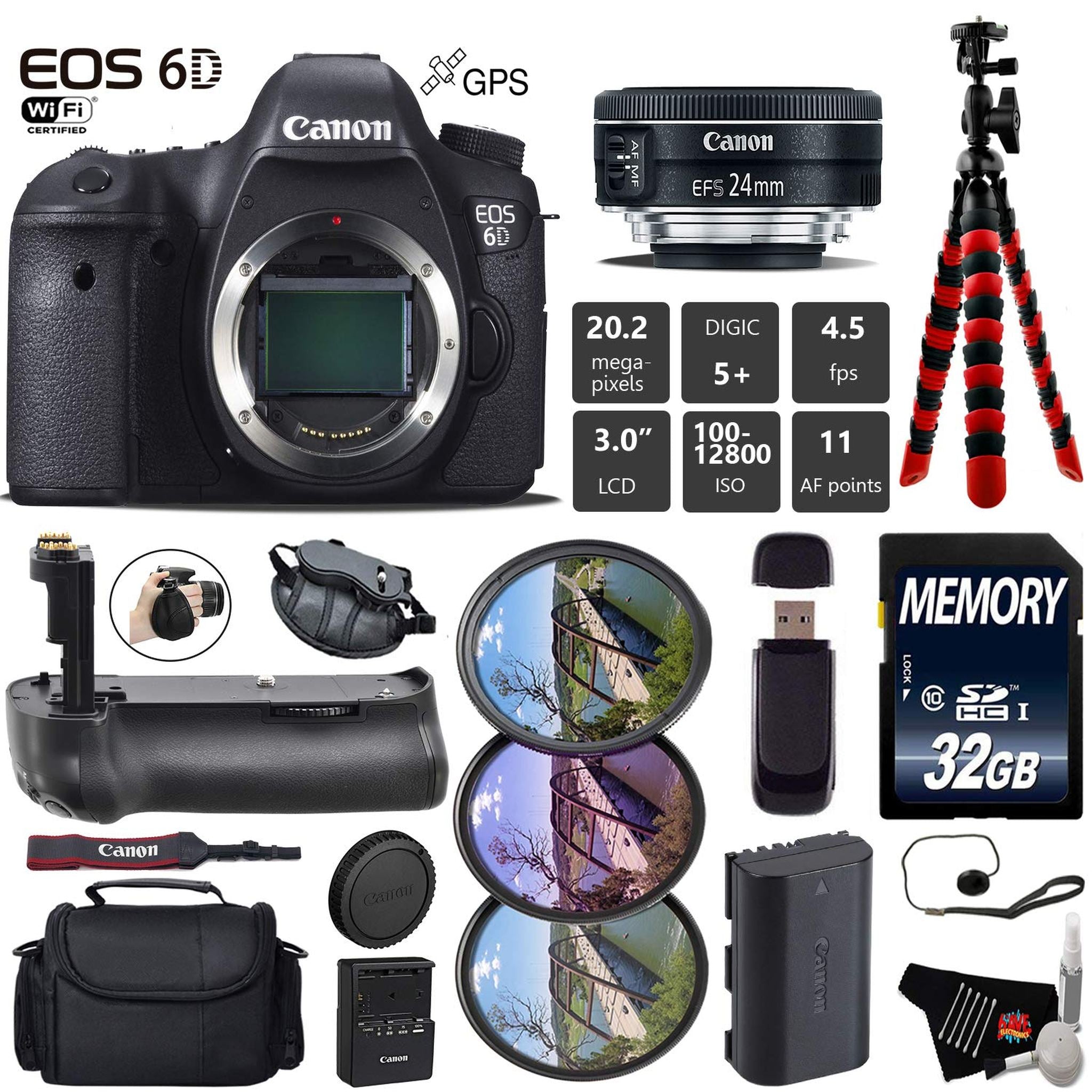 Canon EOS 6D DSLR Camera with 24mm f/2.8 STM Lens + Professional Battery Grip + UV FLD CPL Filter Kit + Case + Wrist Str Canon