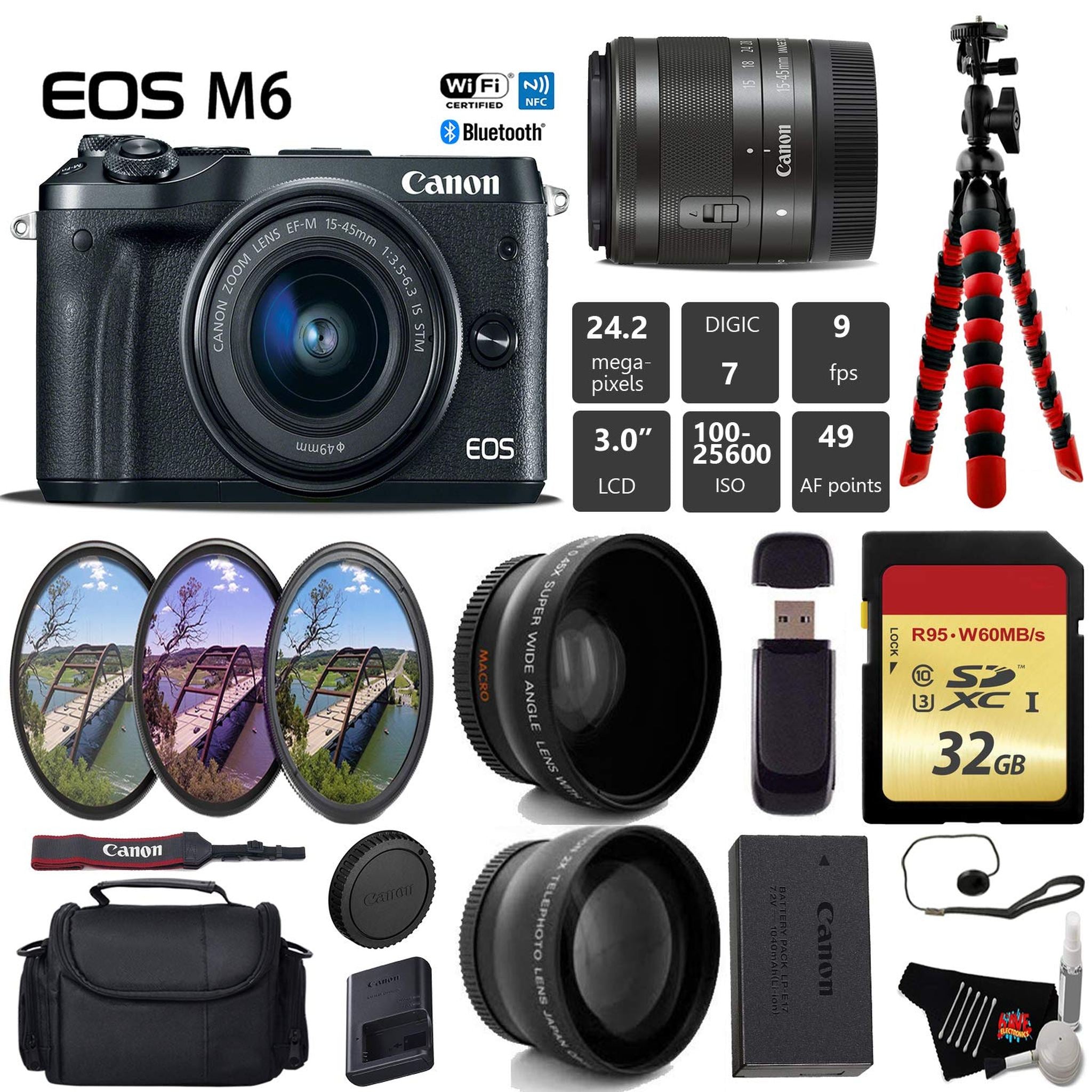 Canon EOS M6 Mirrorless Digital Camera with EF-M 1545mm is STM Lens + UV FLD CPL Filter Kit + Wide Angle & Telephoto Len Canon