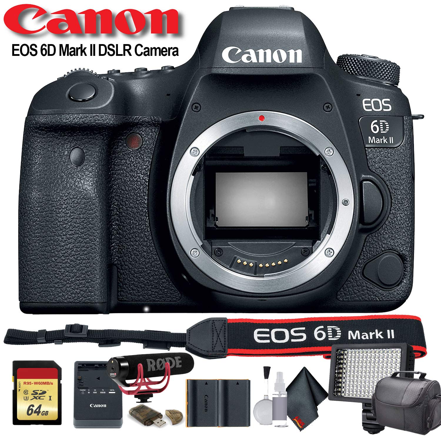 Canon EOS 6D Mark II DSLR Camera (International Model) (1897C002) W/Bag, Extra Battery, LED Light, Mic, Filters Bundle