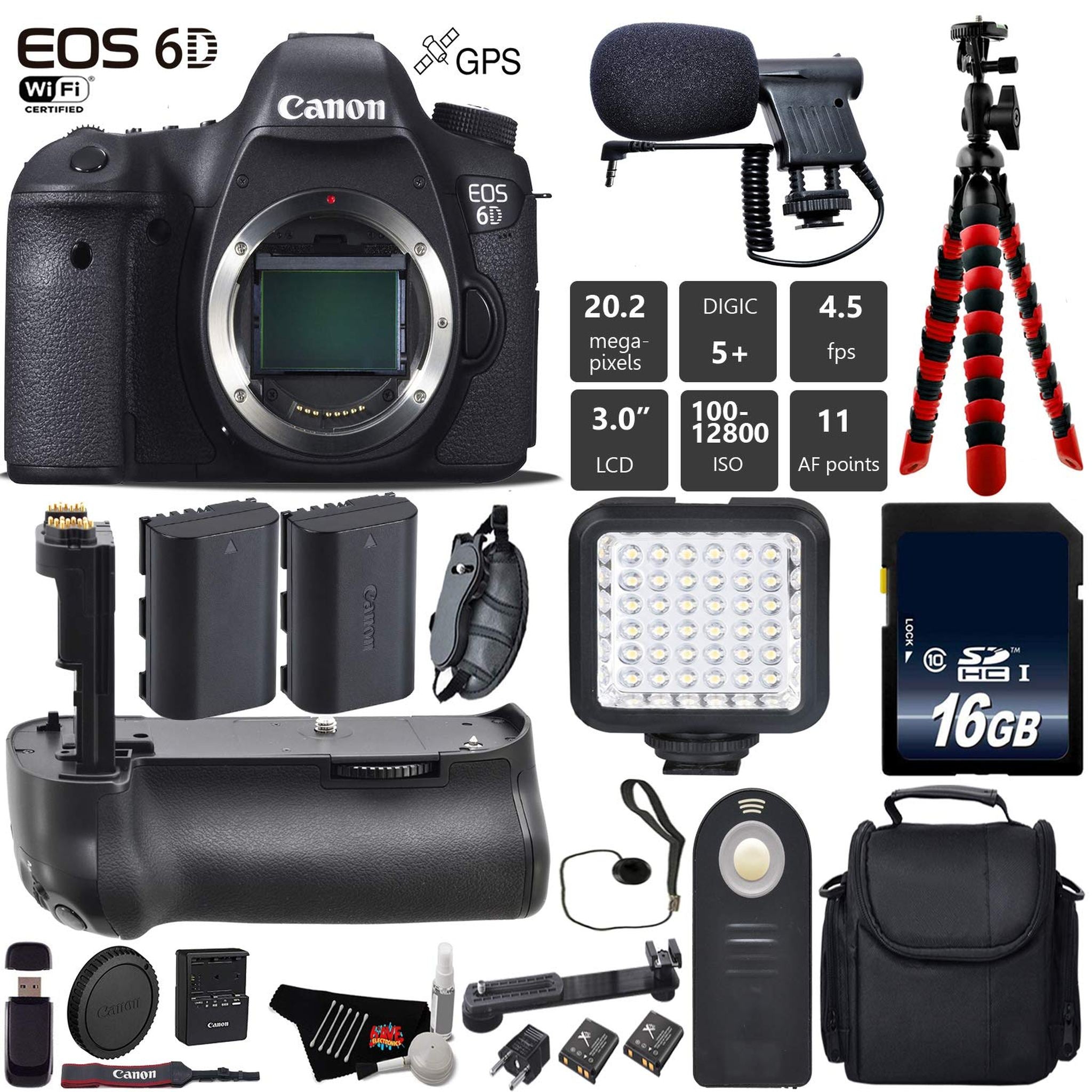Canon EOS 6D DSLR Camera Body Only + Professional Battery Grip + Condenser Microphone + LED Kit + Extra Battery + Case Canon