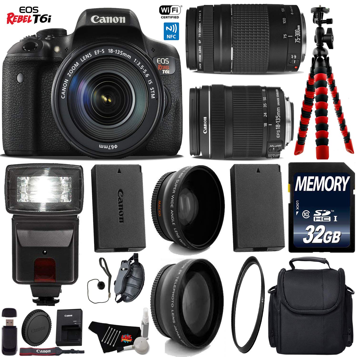 Canon EOS Rebel T6i DSLR Camera 18-135mm is STM Lens & 75-300mm III Lens + Flash + UV FLD CPL Filter Kit + Wide Angle &
