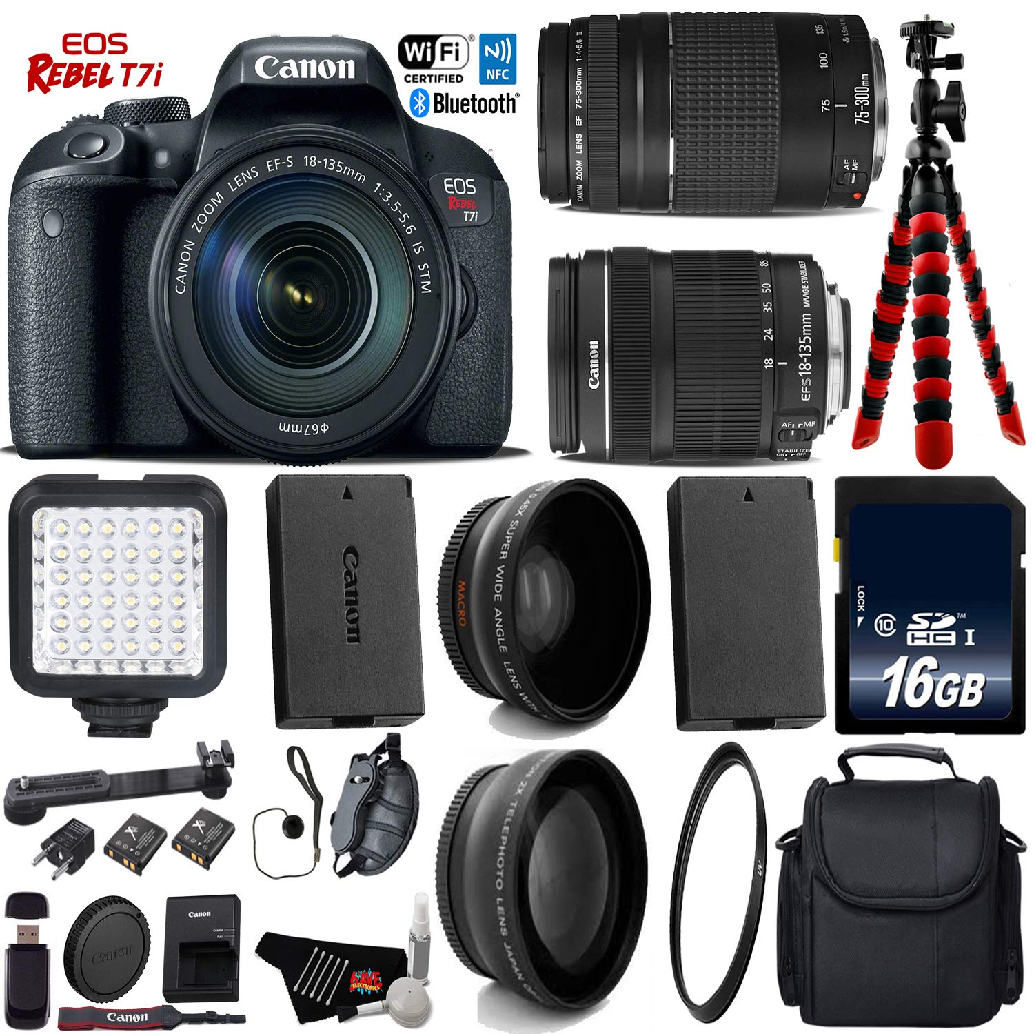 Canon EOS Rebel T7i DSLR Camera with 18-135mm is STM Lens & 75-300mm III Lens + LED + UV FLD CPL Filter Kit + Wide Angle