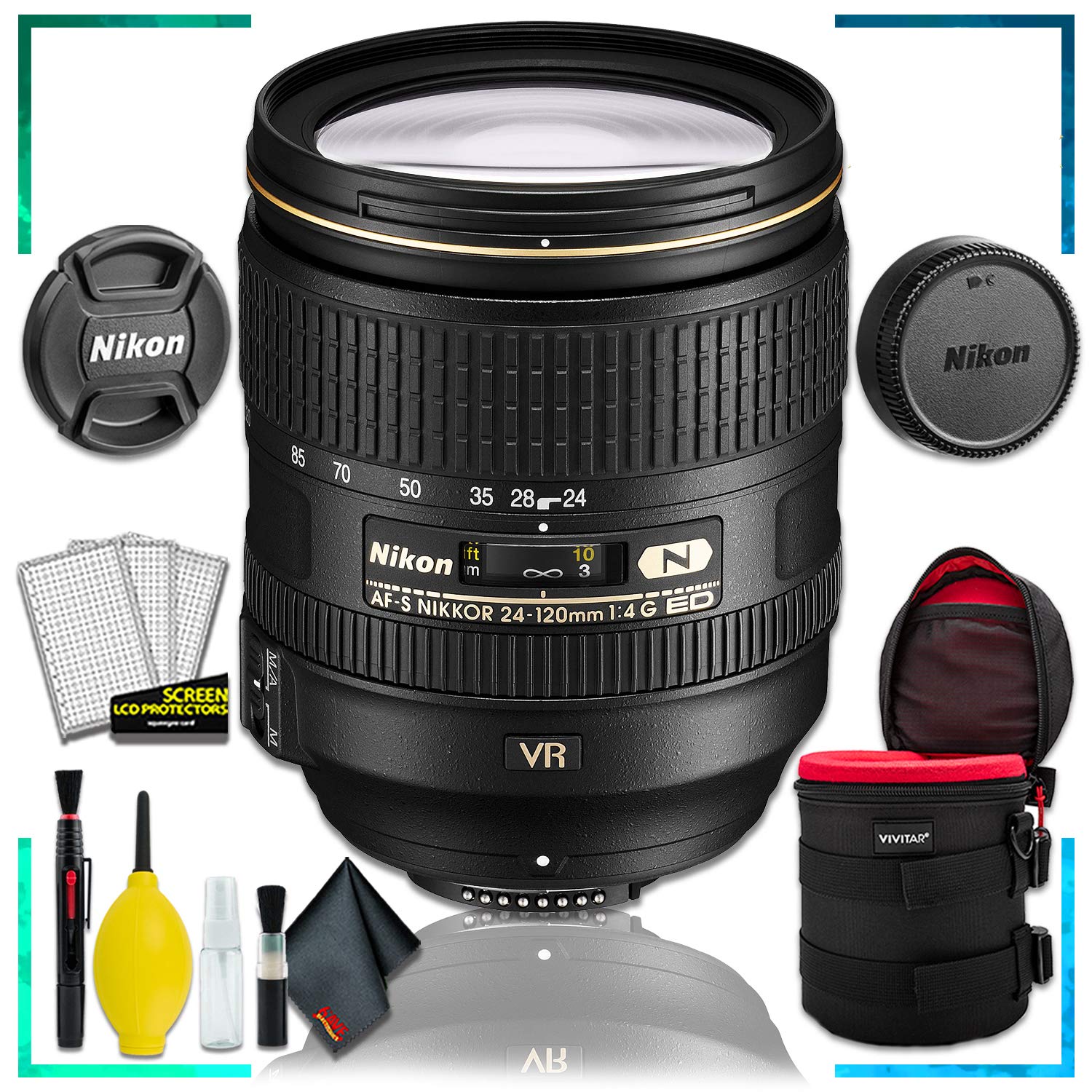 Nikon AF-S NIKKOR 24-120mm f.4G ED VR Lens (Intl Model) + 4.5 inch Vivitar Premium Lens Case + Cleaning Kit
