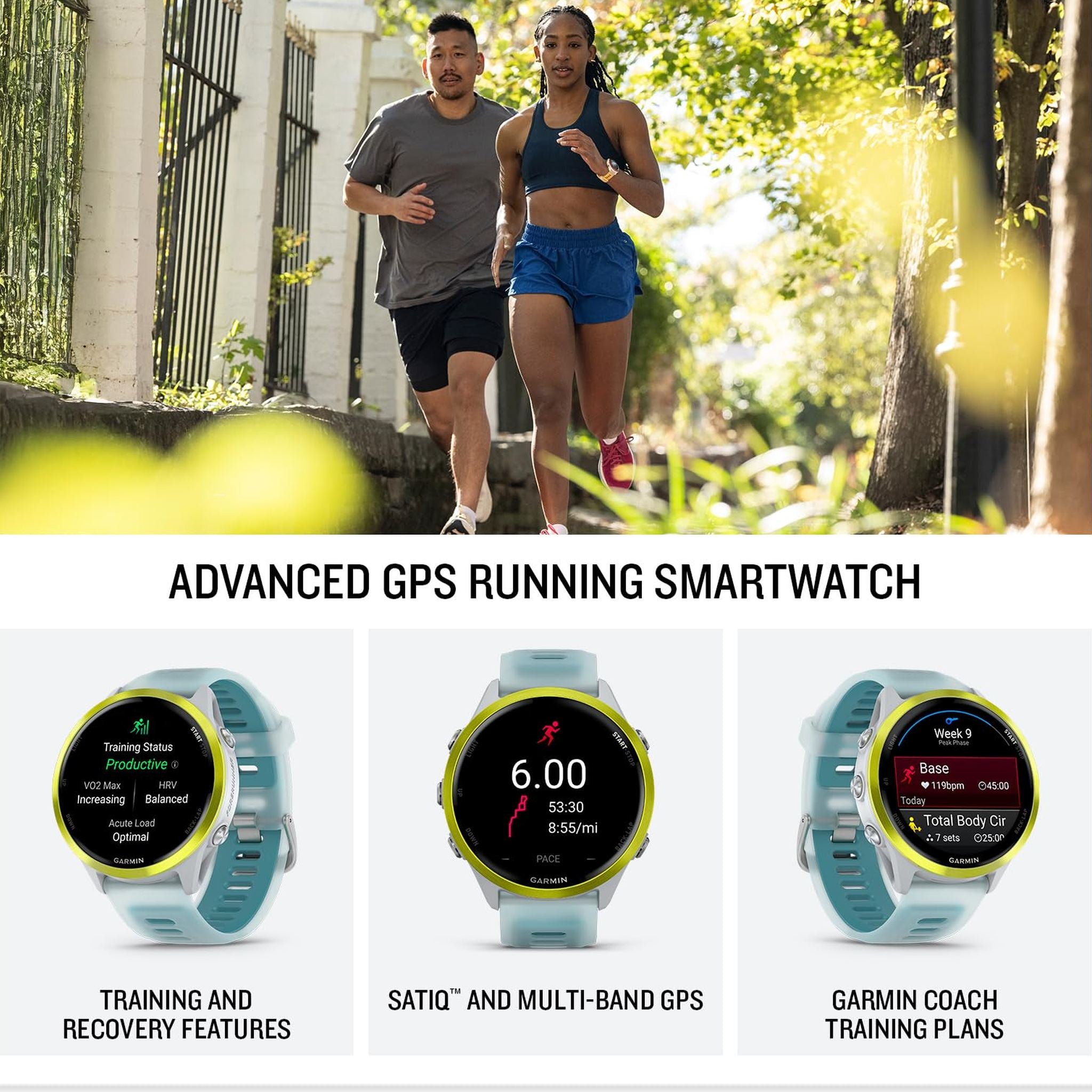 Garmin® Forerunner® 570, 47mm, Advanced GPS Running and Triathlon Smartwatch, AMOLED Display, Training and Recovery Features, Amp Yellow Aluminum with Translucent Whitestone/Turquoise Band Garmin