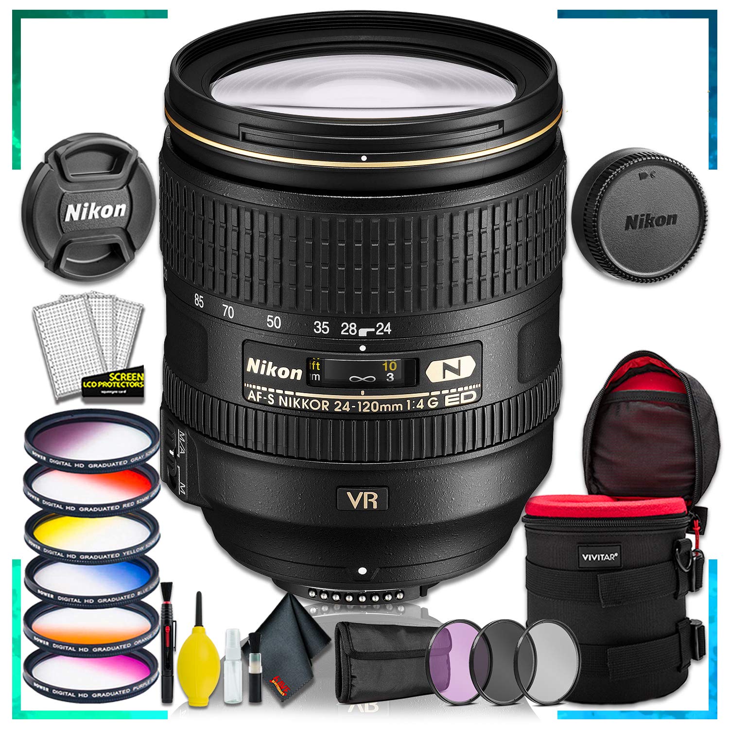 Nikon AF-S NIKKOR 24-120mm f.4G ED VR Lens (Intl Model) + 4.5 inch Vivitar Premium Lens Case + Vivitar Graduated Color Lens Filter Kit + 3pcs UV Lens Filter Kit + Cleaning Kit