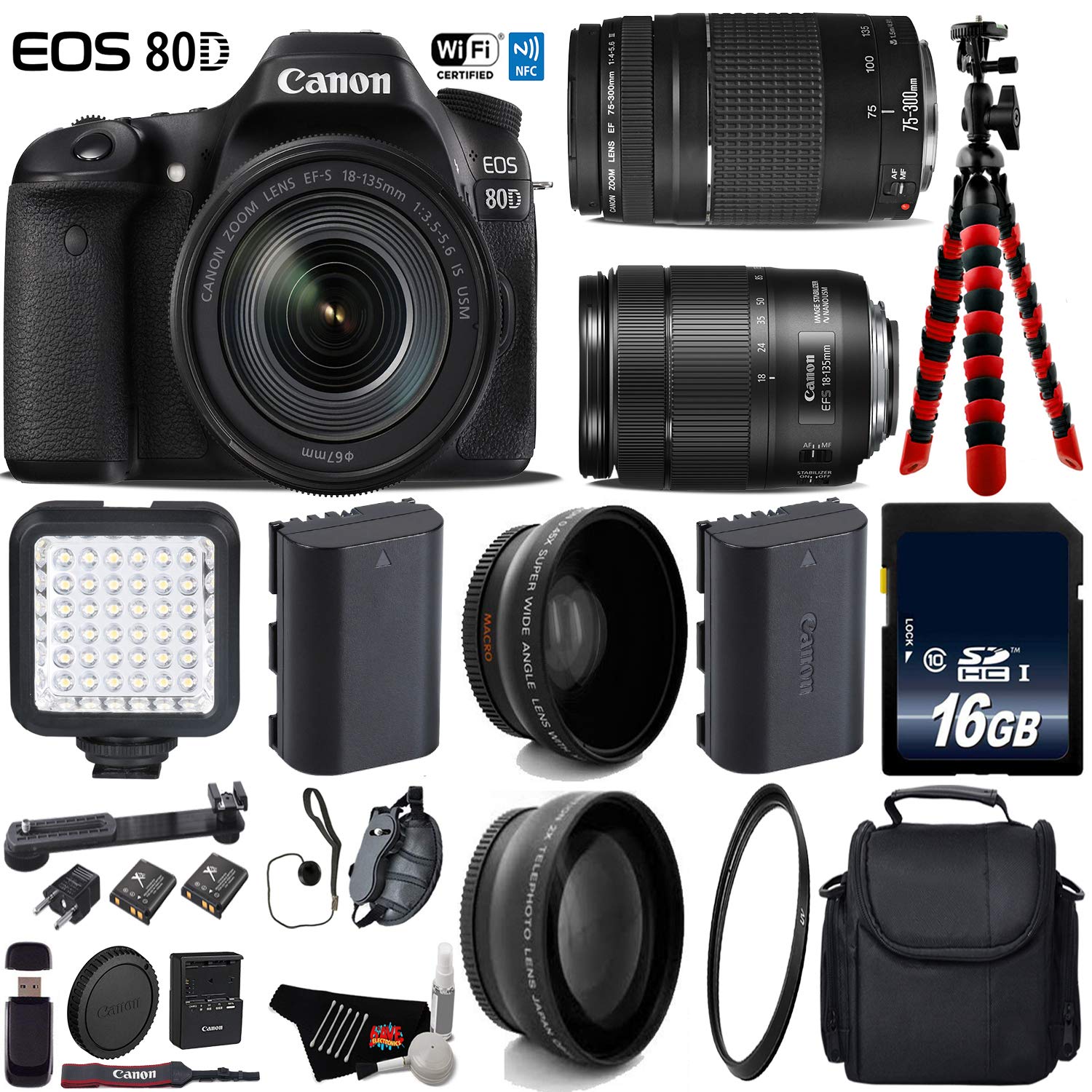 Canon EOS 80D DSLR Camera with 18-135mm is STM Lens & 75-300mm III Lens + LED + UV FLD CPL Filter Kit Advanced Bundle