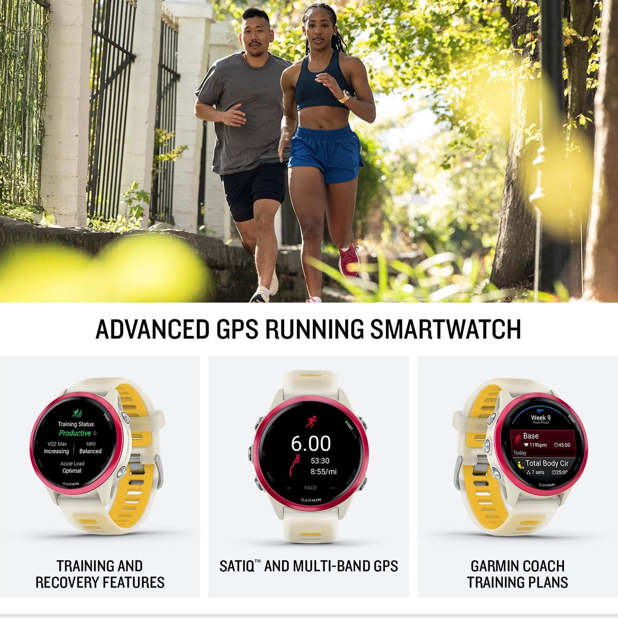 Garmin® Forerunner® 570, 42mm, Advanced GPS Running and Triathlon Smartwatch, AMOLED Display, Training and Recovery Features, Raspberry Aluminum with Translucent Bone/Mango Band