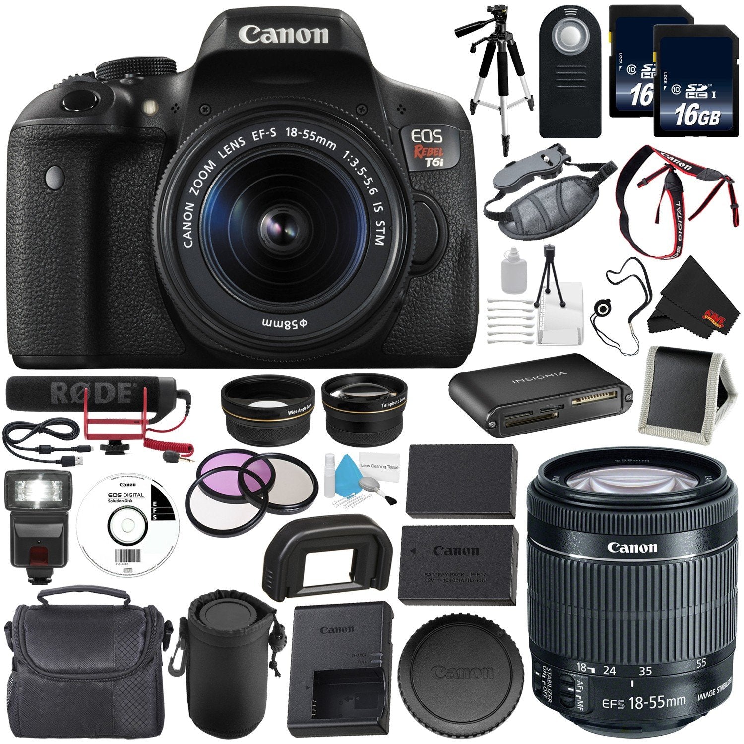 Canon EOS Rebel T6i DSLR Camera with EF-S 18-55mm f/3.5-5.6 is STM Lens 0591C003 + Rode VideoMic GO + Deluxe Starter Kit + Carrying Case + Deluxe Cleaning Kit Bundle