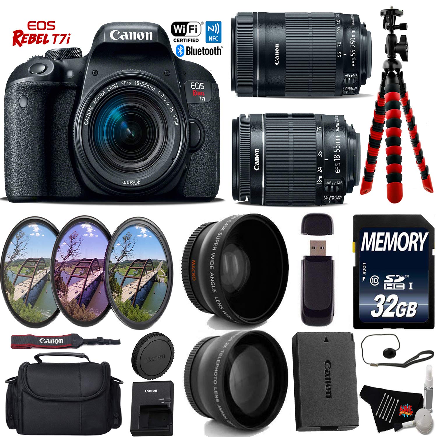 Canon EOS Rebel T7i DSLR Camera 18-55mm is STM Lens & 55-250mm is STM Lens + UV FLD CPL Filter Kit + Wide Angle & Teleph