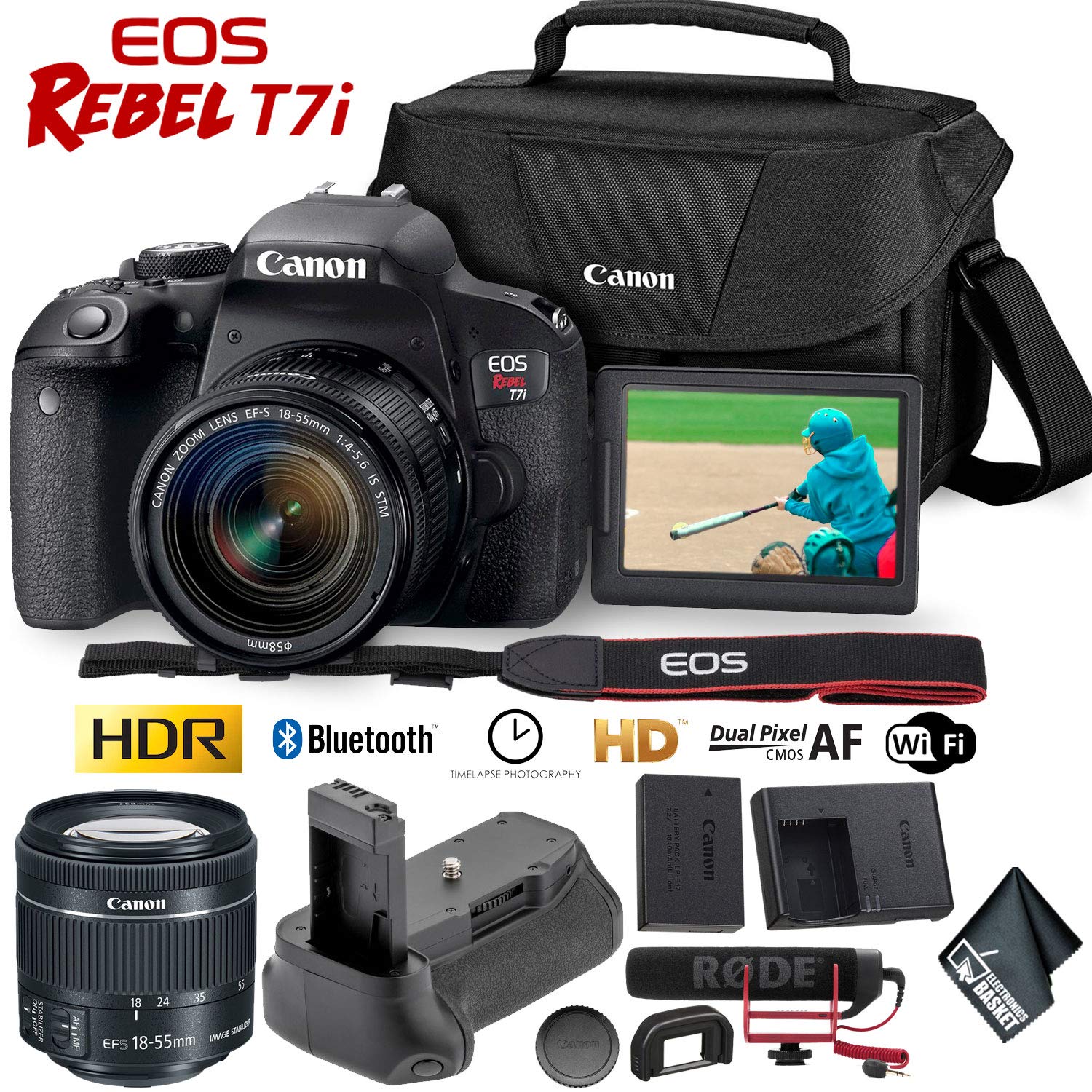 Canon EOS Rebel T7i DSLR Camera 18-55mm Lens + Battery Grip + Shotgun Microphone