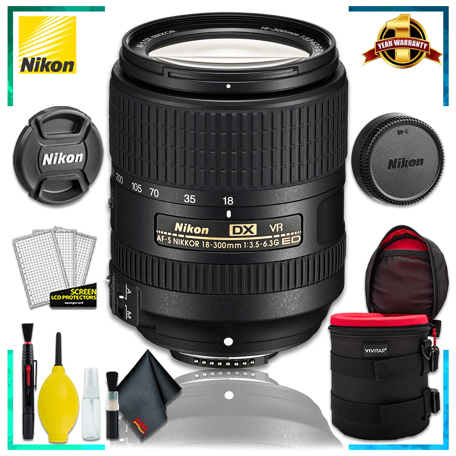 Nikon AF-S DX VR Nikkor 18-300MM Lens (Intl Model) + 4.5 inch Vivitar Premium Lens Case + Cleaning Kit