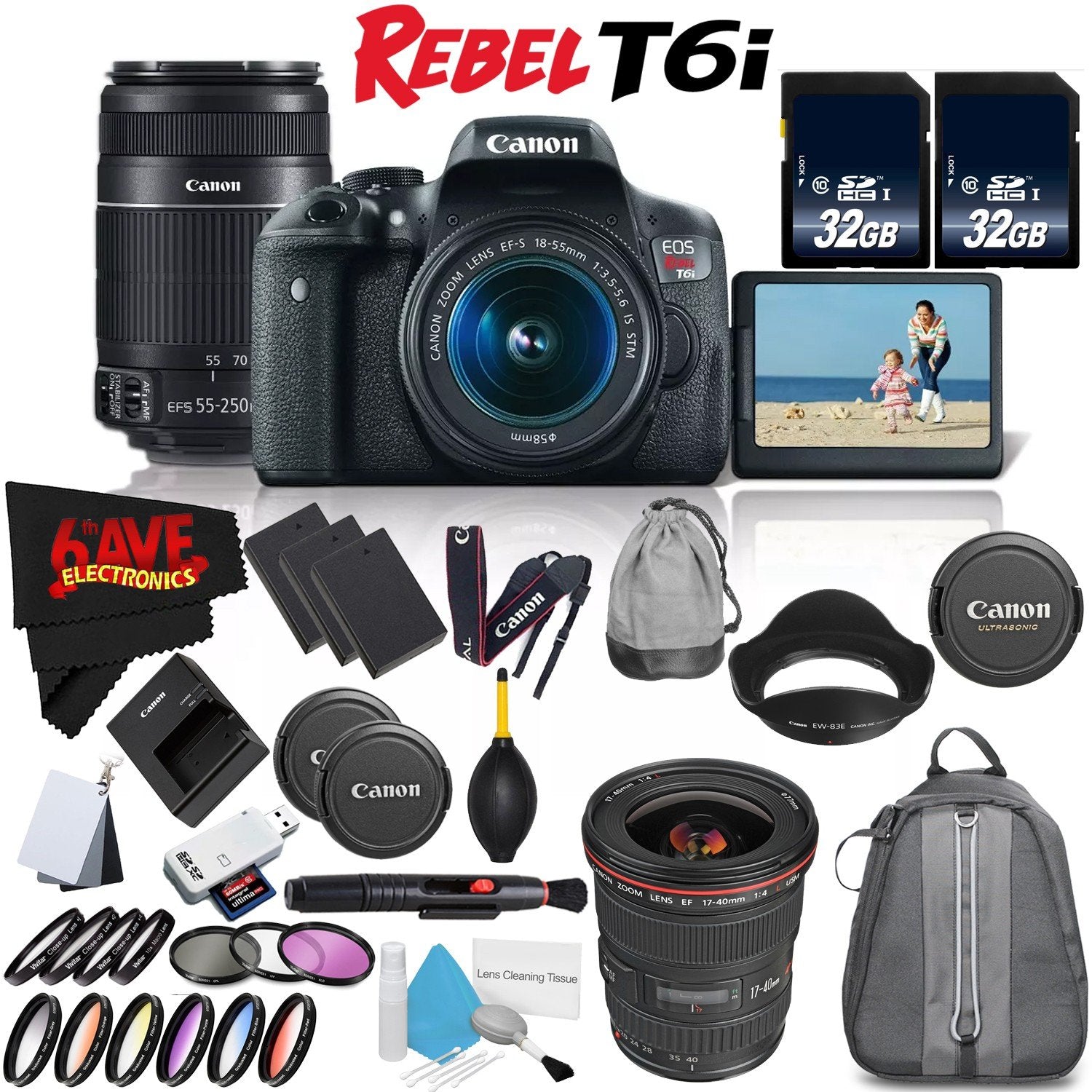 6ave Canon EOS Rebel T6i DSLR Camera with 18-55mm Lens, 55-250mm Lens and 17-40mm - 3 Lens Combo