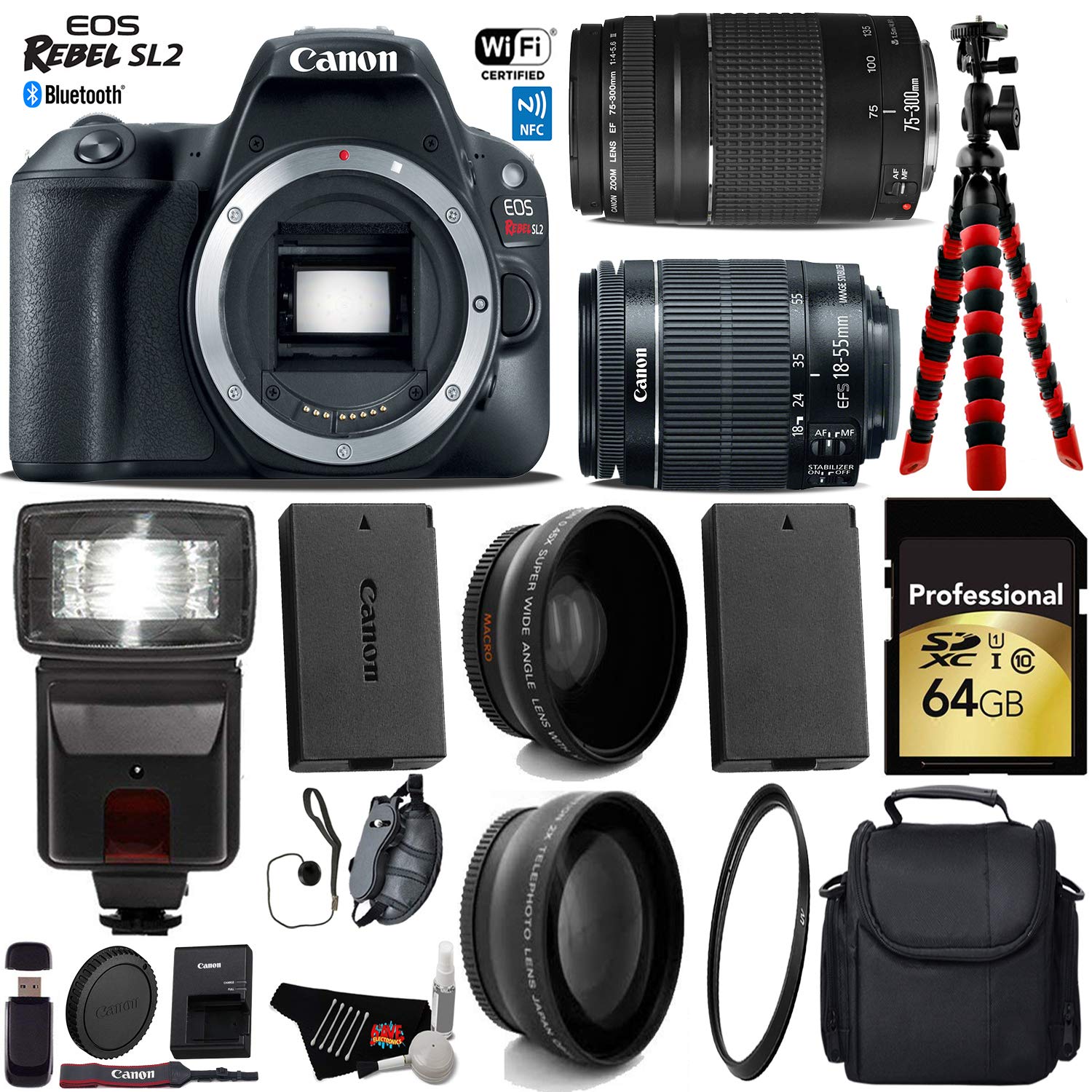 Canon EOS Rebel SL2 DSLR Camera with 18-55mm is STM Lens & 75-300mm III Lens + Flash + UV FLD CPL Filter Kit + Wide Angl