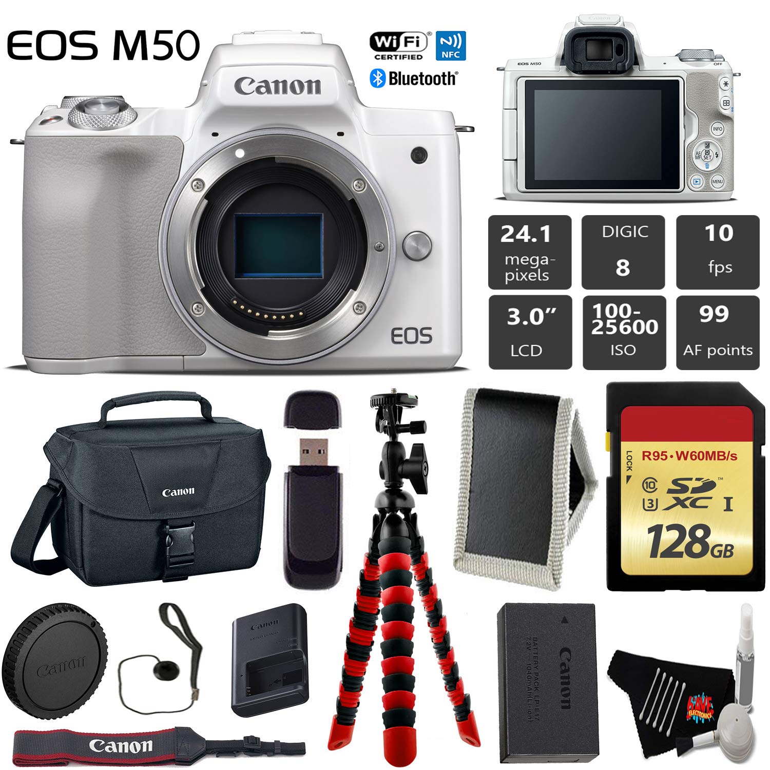 Canon EOS M50 Mirrorless Digital Camera White, Body Only + 128GB Class 10 Memory Card + Canon Camera Case + Flexible T