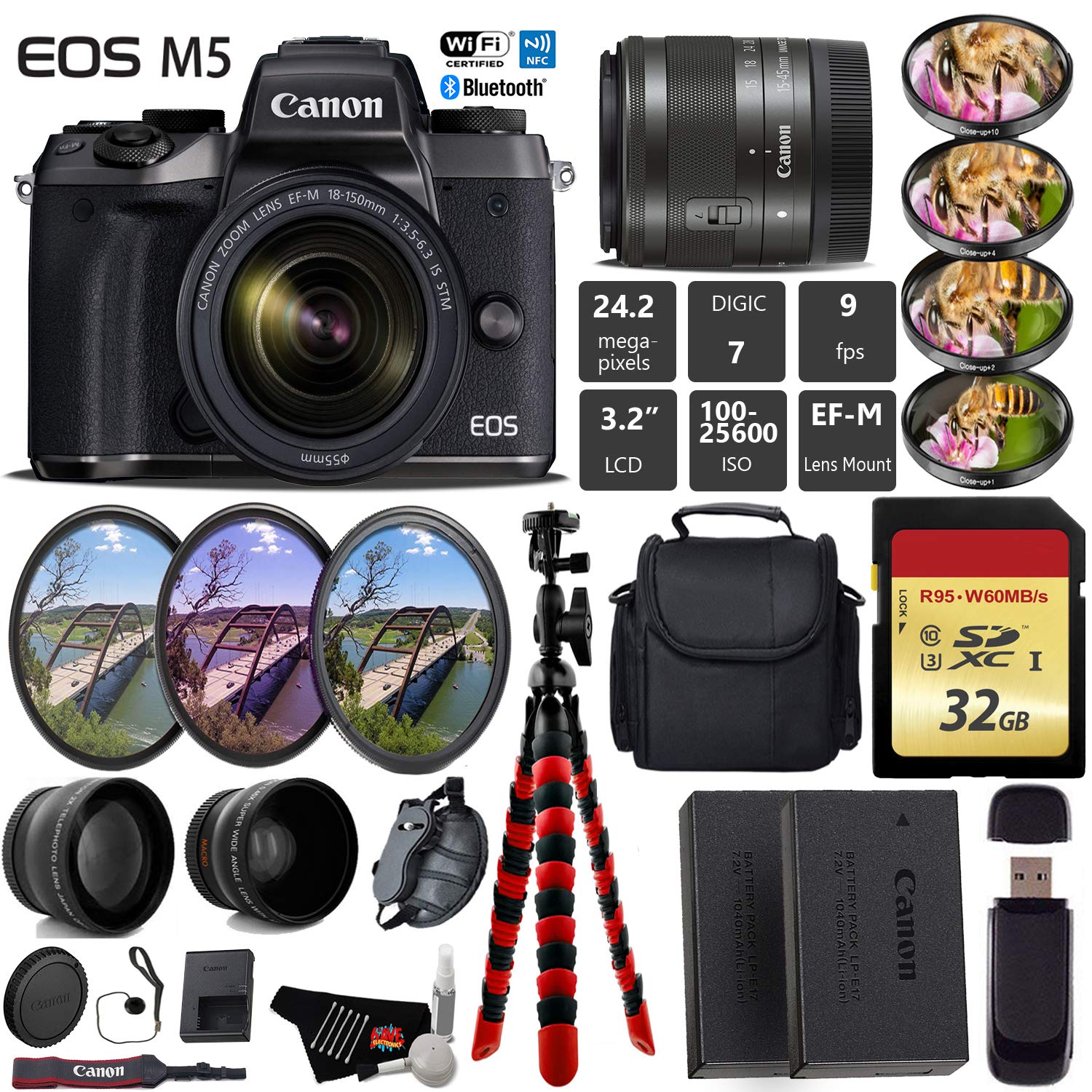 Canon EOS M5 Mirrorless Digital Camera with EF-M 15-45mm IS STM Lens + UV FLD CPL Filter Kit + 4 PC Macro Kit Starter Bundle