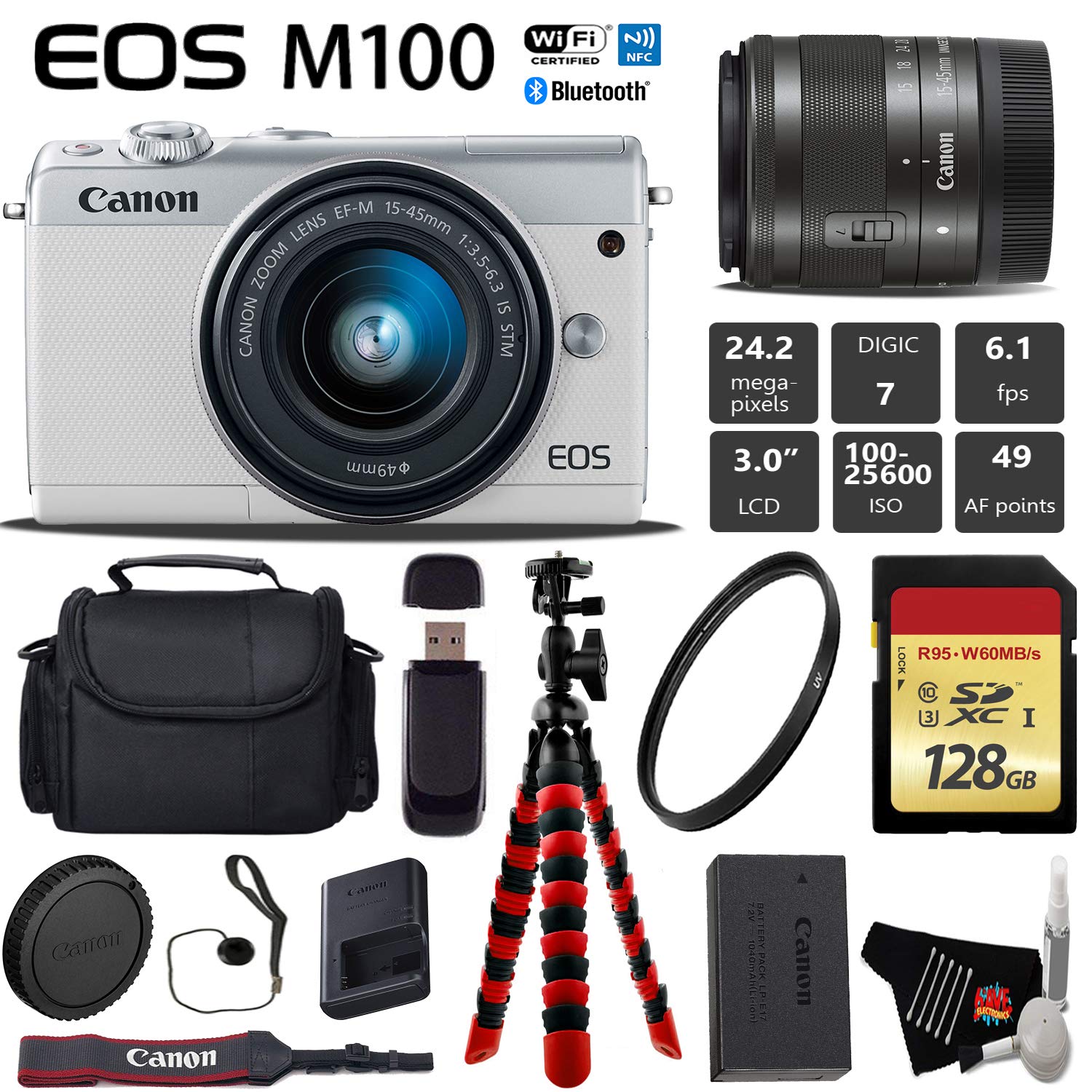 Canon EOS M100 Mirrorless Digital Camera White with 15-45mm Lens Mountain Bundle