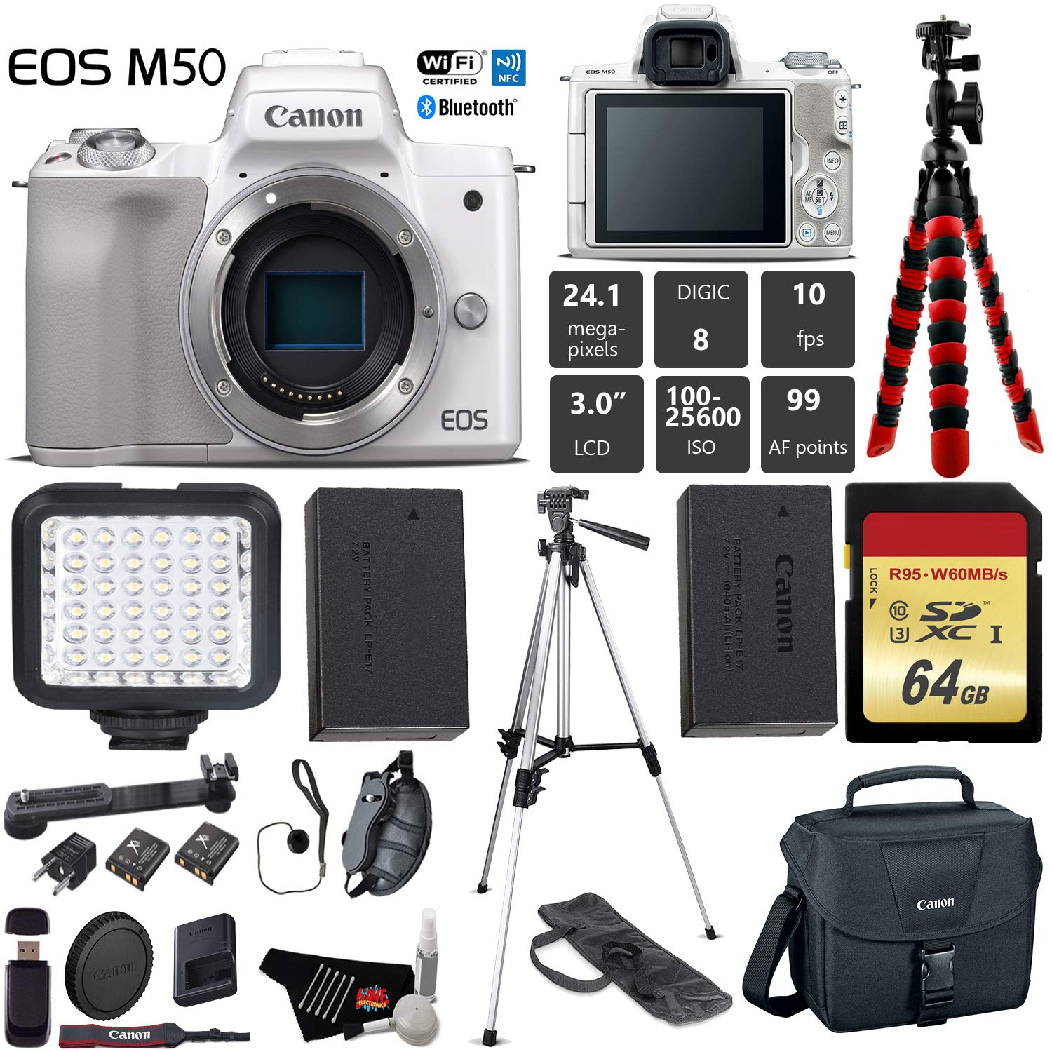 Canon EOS M50 Mirrorless Digital Camera White, Body Only + 64GB Class 10 Memory Card + LED + Canon Camera Case + Flexi